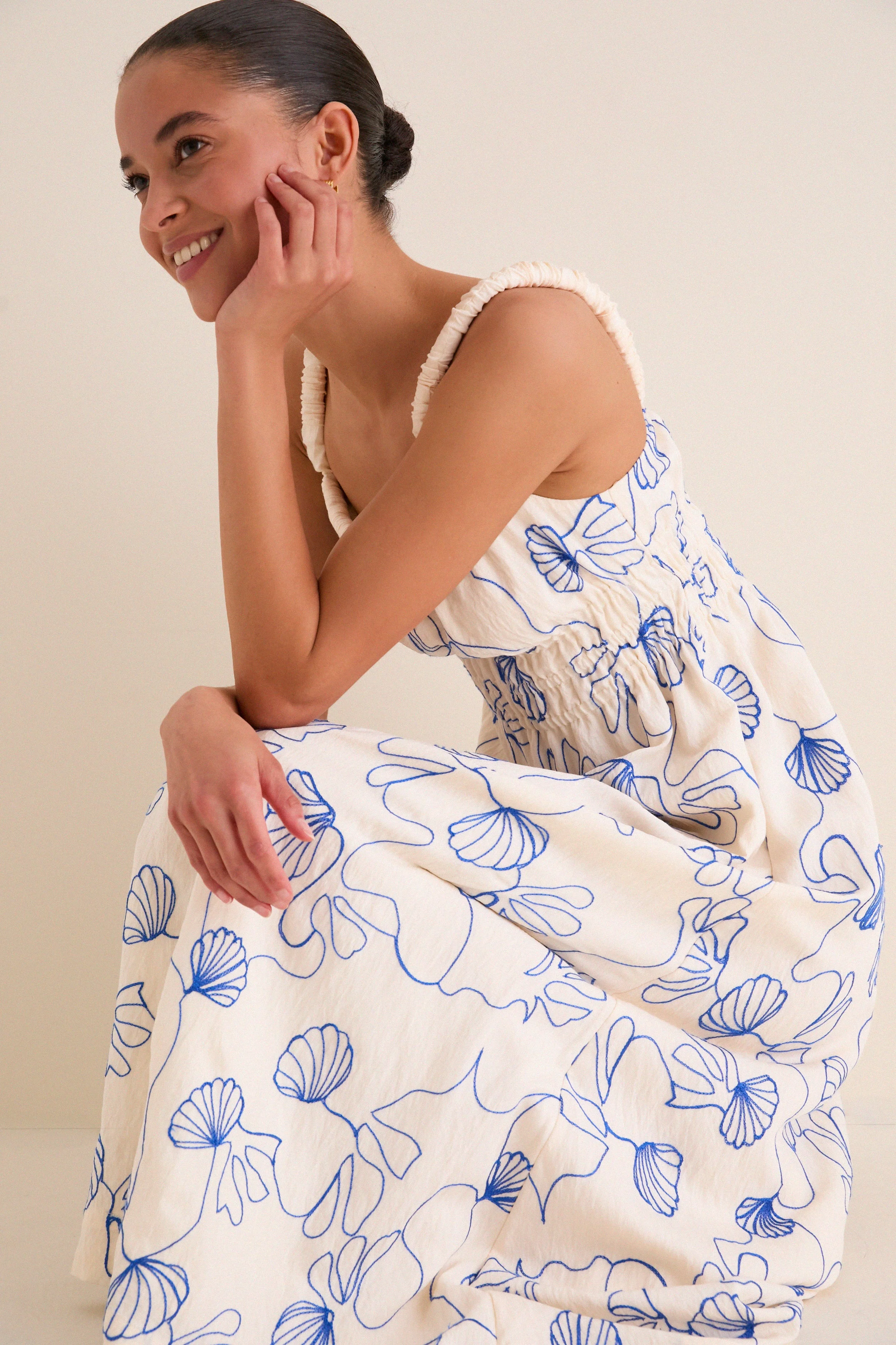 Cream & Royal Blue Embroidered Beverly Maxi Dress