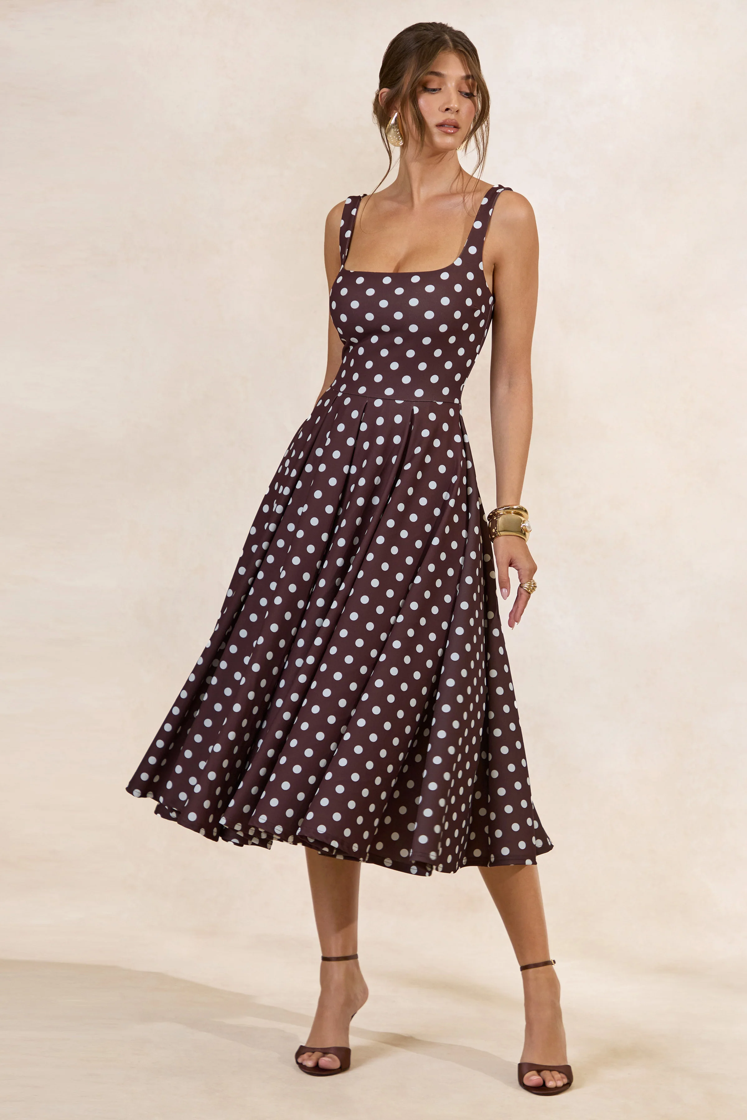 Lumera | Brown Polka-Dot Square-Neck Midi Dress