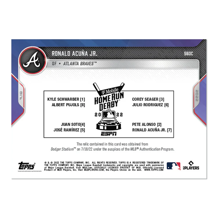 2022 MLB Home Run Derby Ball Relic # to 1 - Ronald Acuña Jr. - 2022 MLB TOPPS NOW® Card 560C