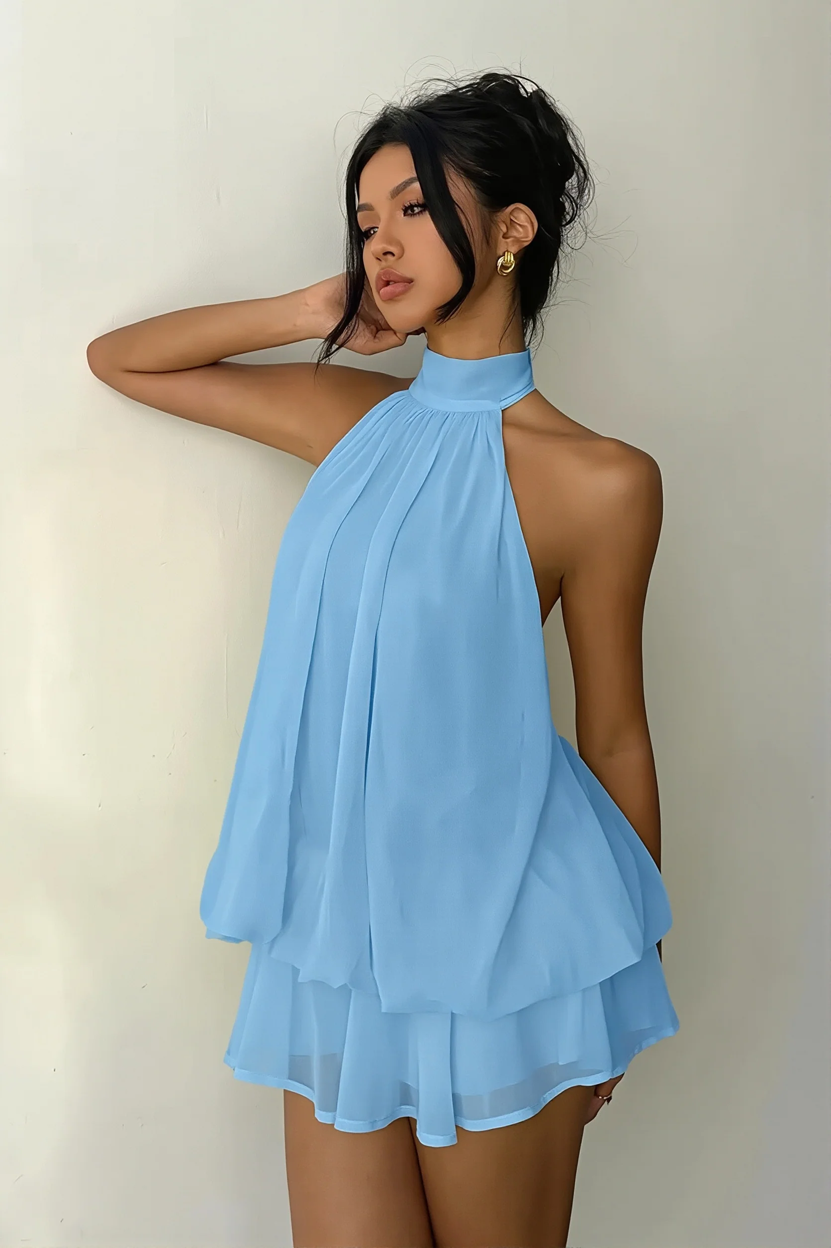 Vacation Halter Backless High Waist Flowy Mini Dress