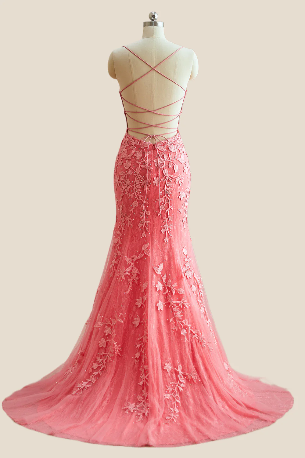 Straps Pink Lace Mermaid Long Formal Dress