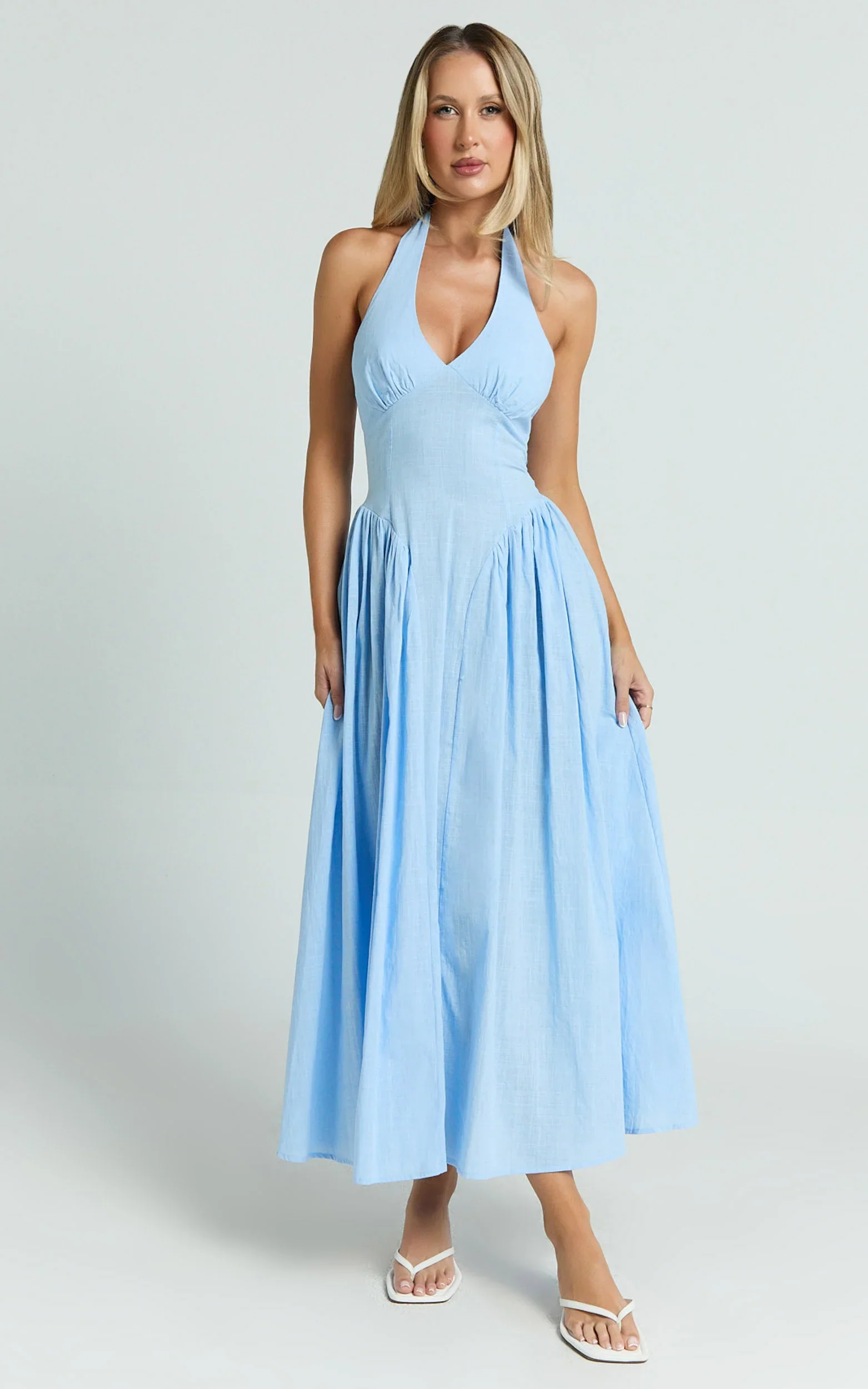 Athena Midi Dress - Halter Drop Waist Dress in Blue