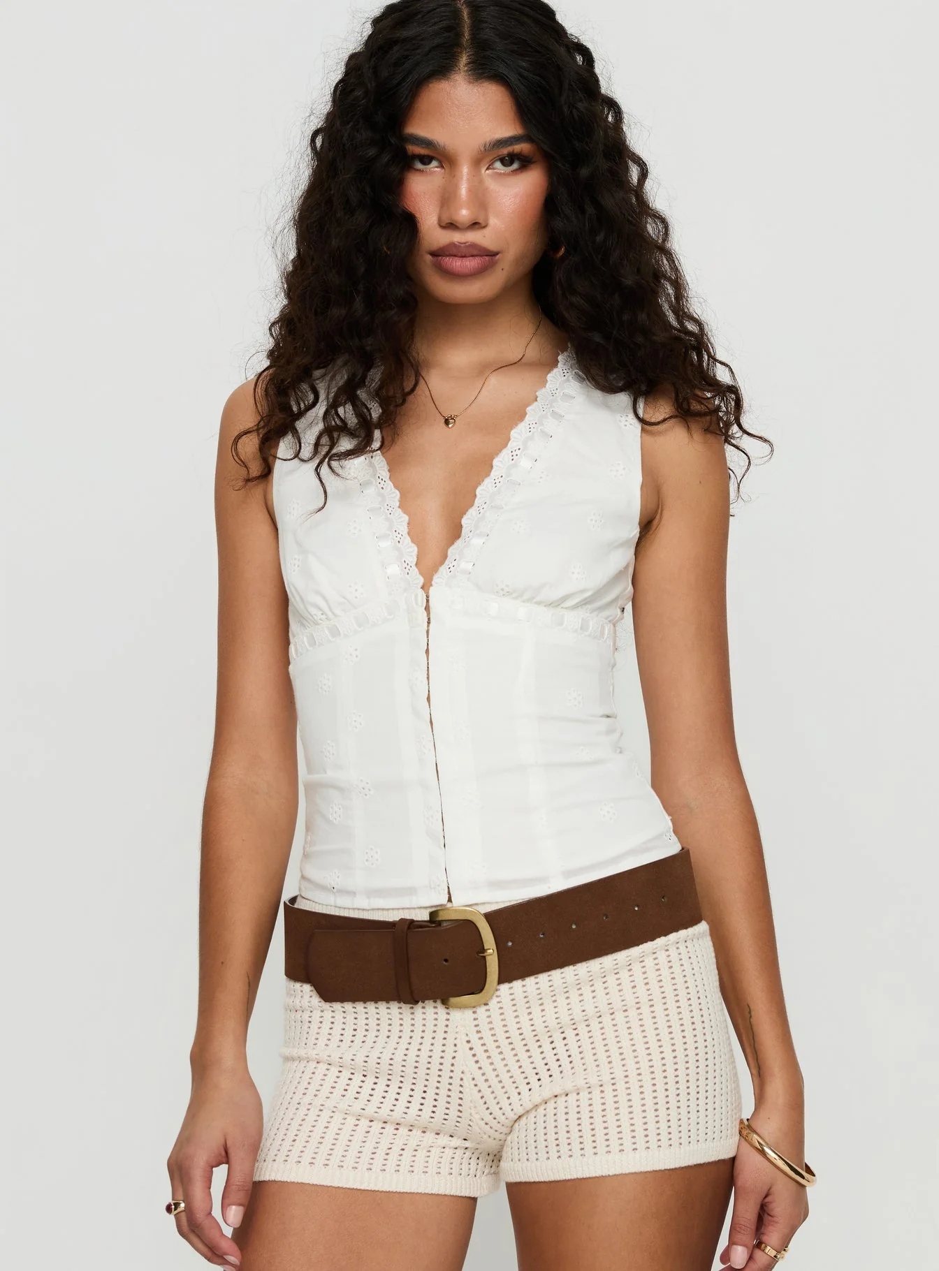Speechless Sleeveless Lace Trim Top White