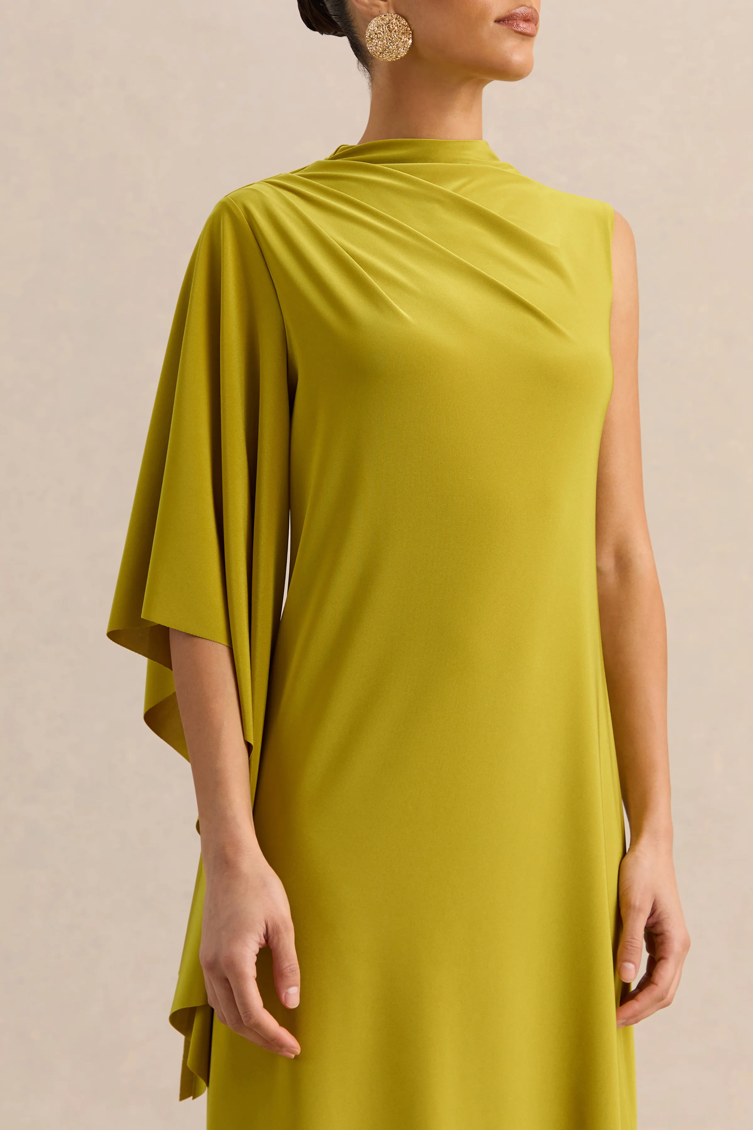 Marosia | Olive High-Neck Maxi Dress With Cape Sleeve