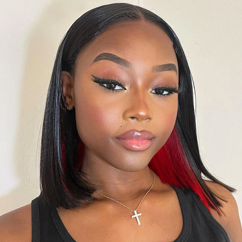 Ophirawig 13x4 Frontal Lace Peekaboo Highlights Red Straight Bob Wig Invisible Knots Realistic Hairline