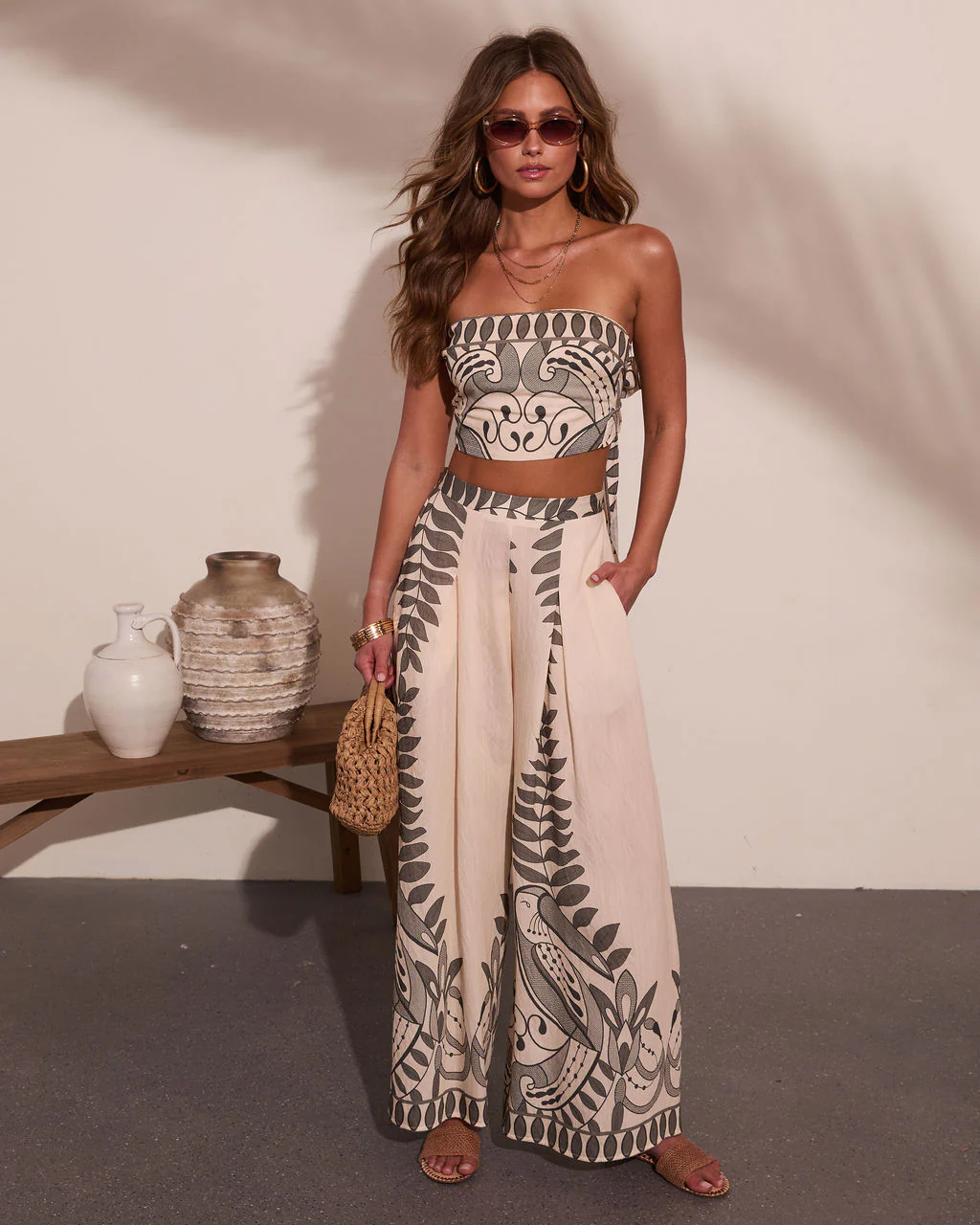 Riviera Nights Tropical Paisley Print Wide Leg Pants