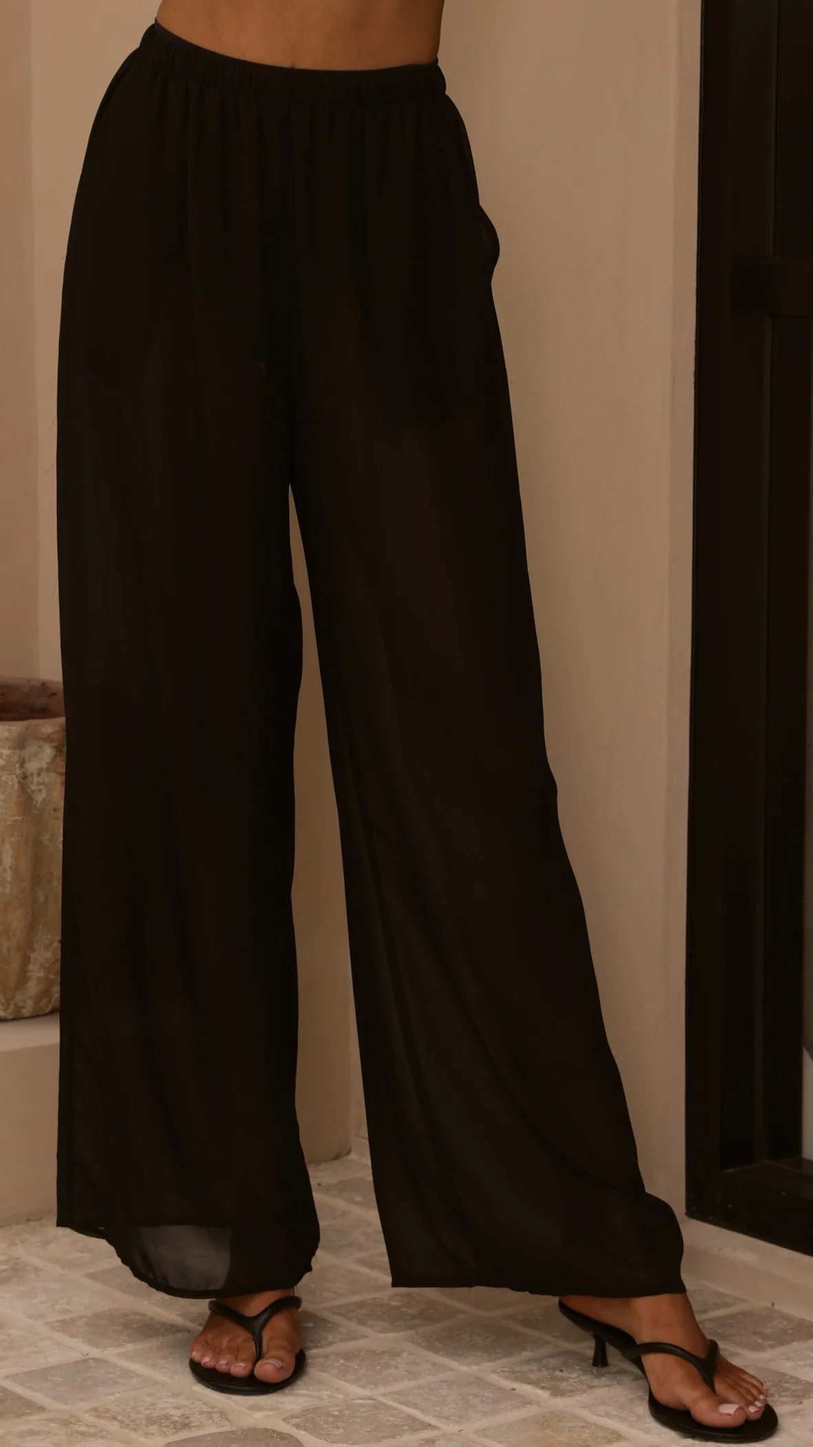 Zaire Long Line Sheer Top and Pants Set - Black