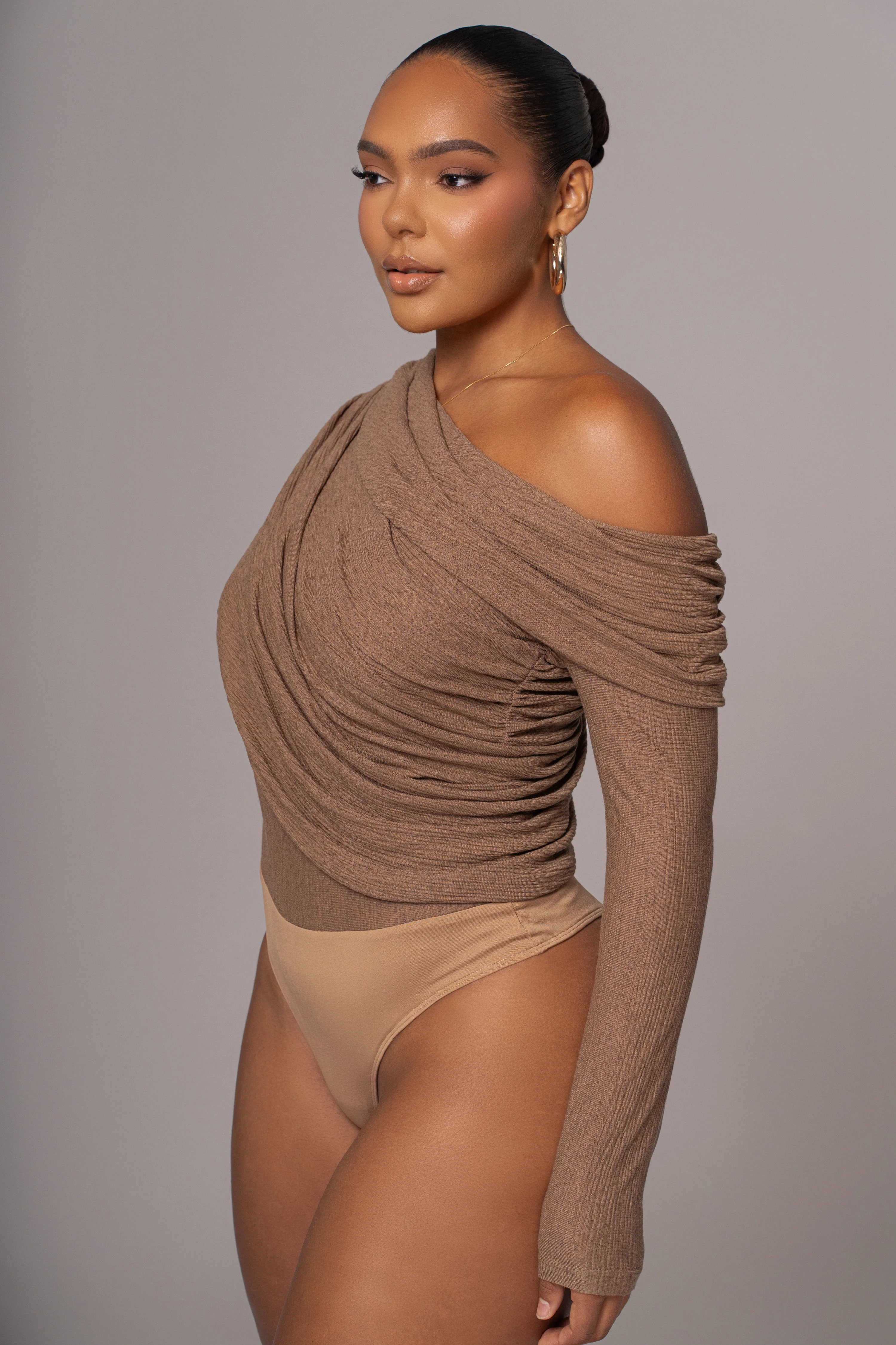 Chocolate Textured One Shoulder Bodysuit
