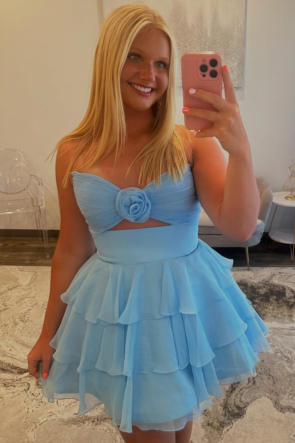 Strapless Yellow Pleated Tiered Short Dress with Rosette