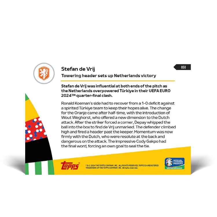 Stefan de Vrij - Towering header sets up Netherlands victory - EURO 2024 TOPPS NOW® Card 50