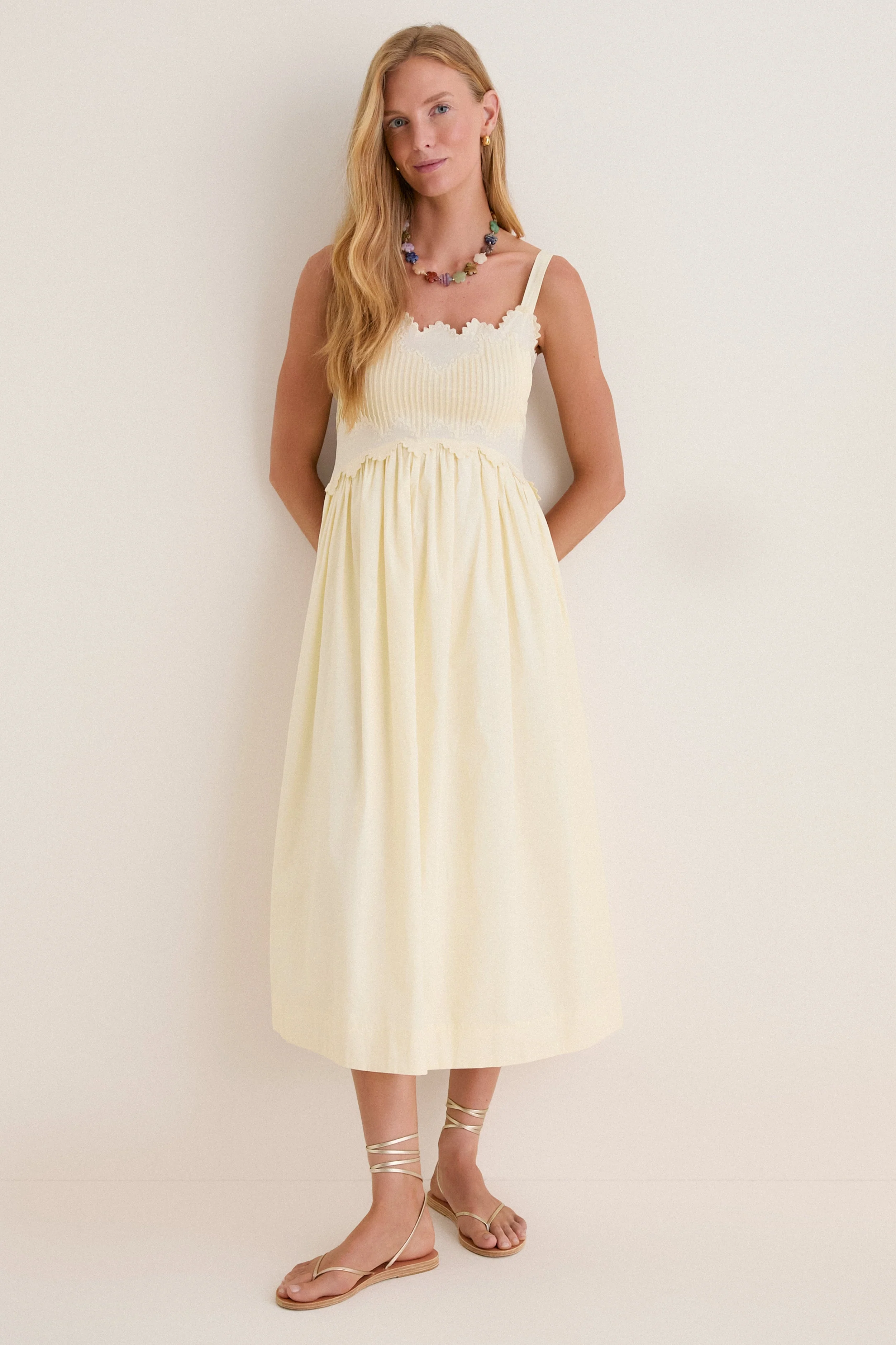 Butter Yellow Embroidered Cotton Midi Dress
