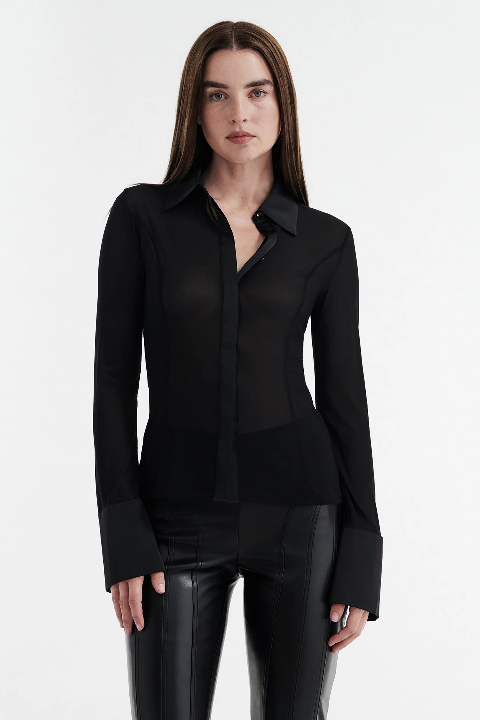 Solange Mesh Long Sleeve Button Up Shirt - Black