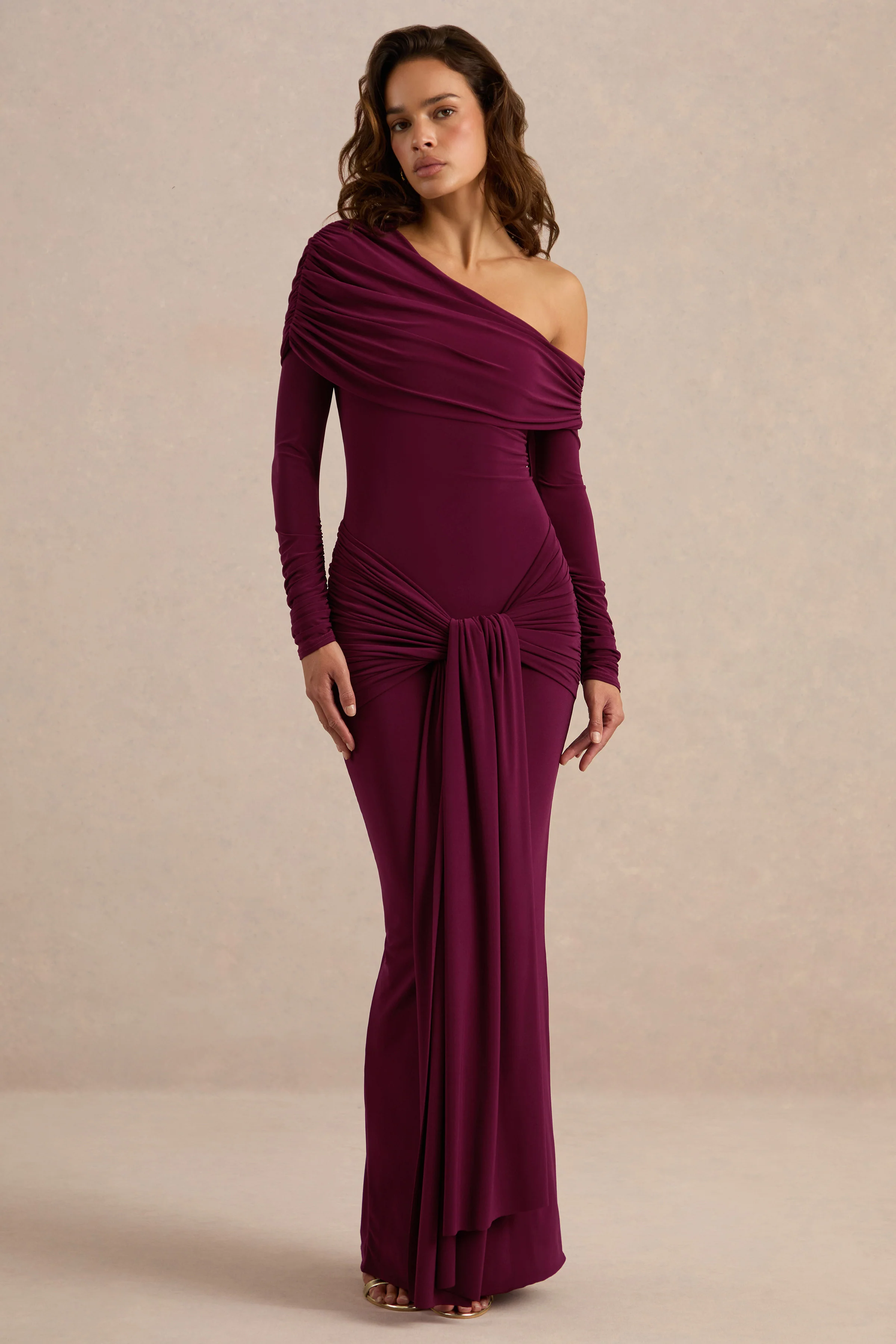 Avonlea | Burgundy Jersey Ruched One Shoulder Long Sleeve Maxi Dress With Sash