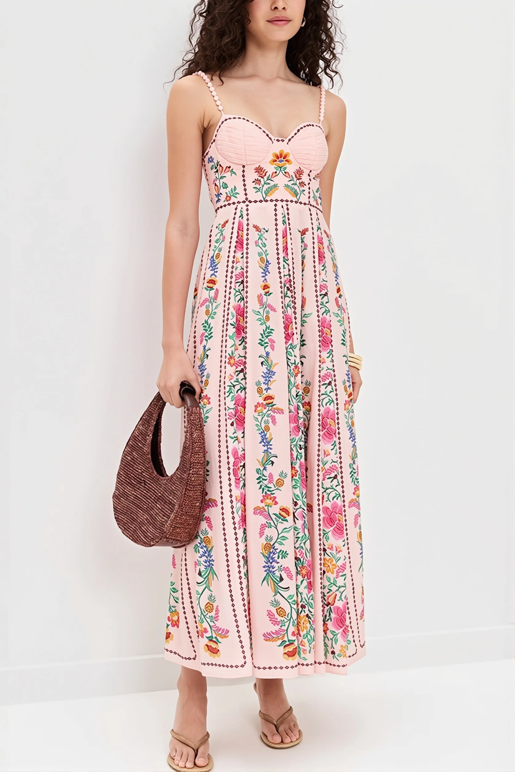 Linen Floral Spaghetti Long Boho Dress