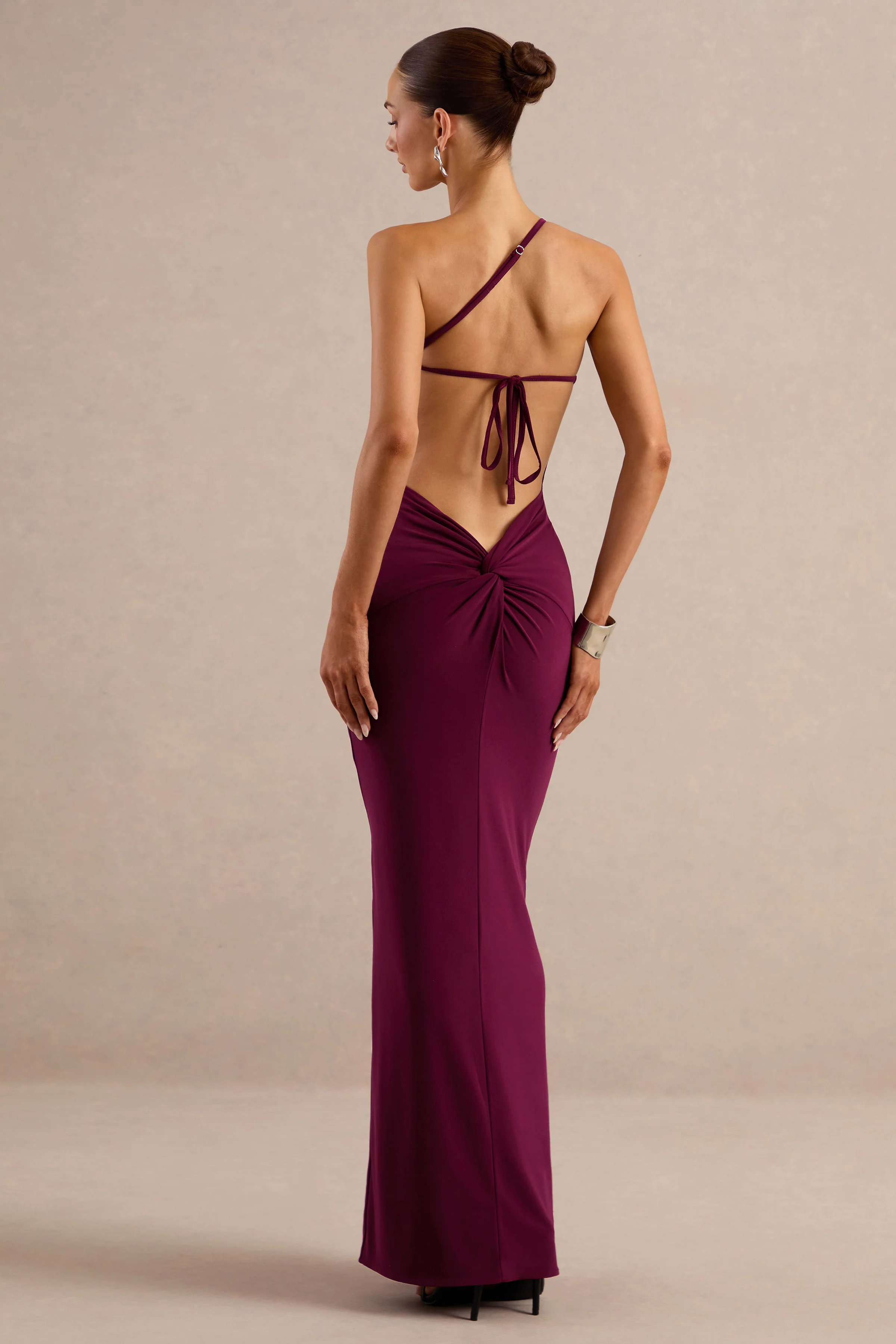 Dressing Up | Burgundy Jersey One Shoulder Maxi Dress With Twist Open Back Detail And Split