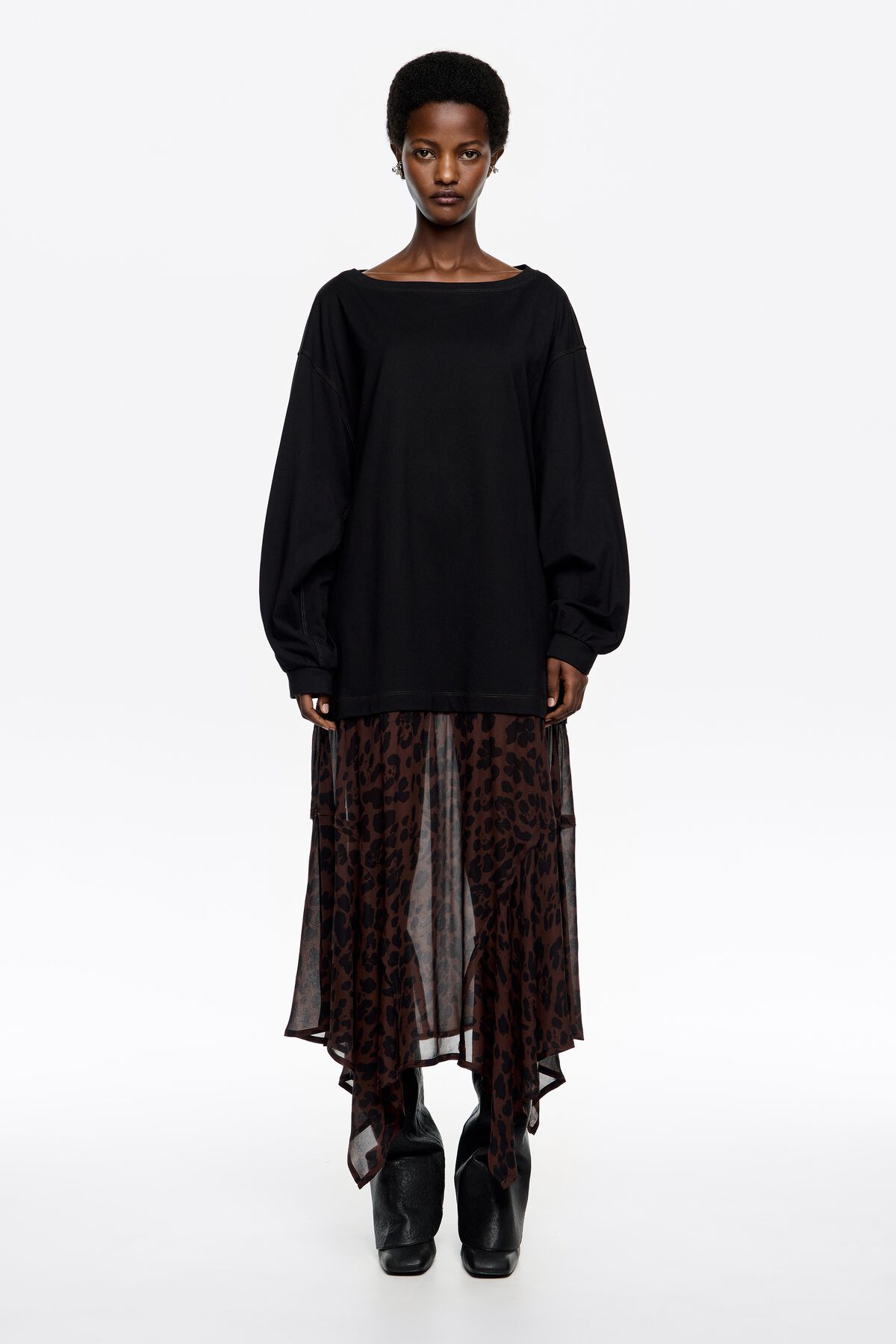 Dark brown Big Leopard 2 in 1 dress with asymmetric skirt