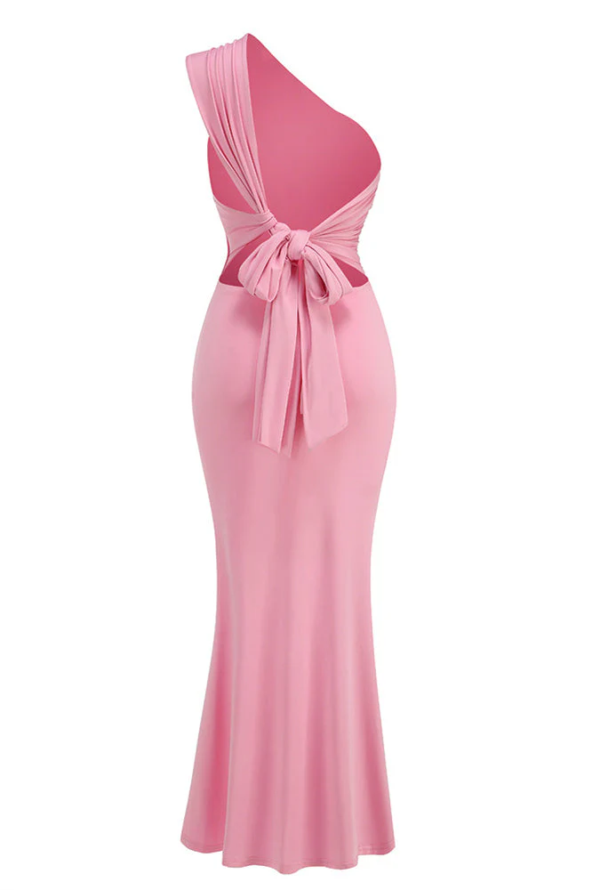 One Shoulder Pink Back Tie Fitted Long Dress
