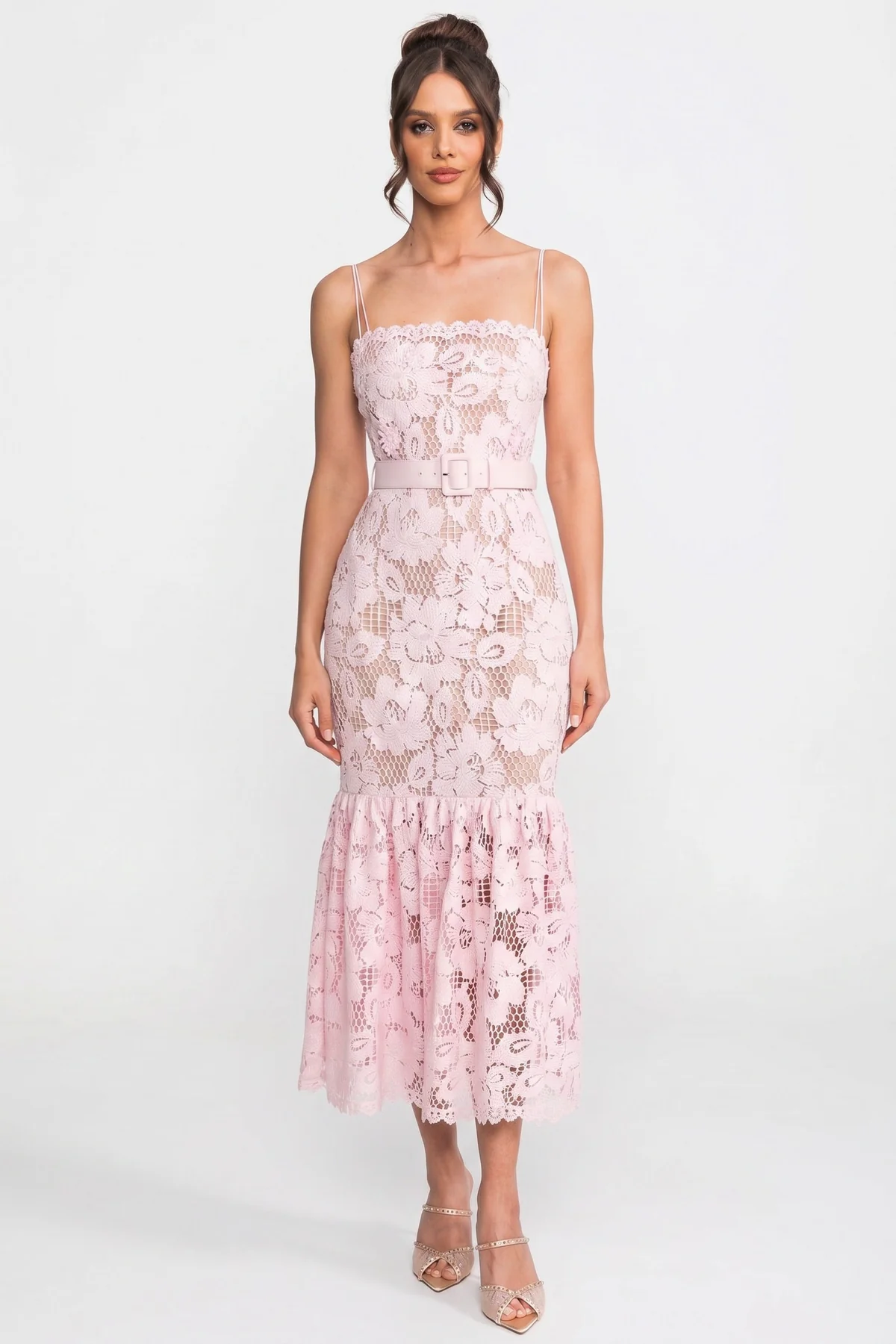 Lace Midi Dress With Belted Waist And Flounce Hem - Pink
