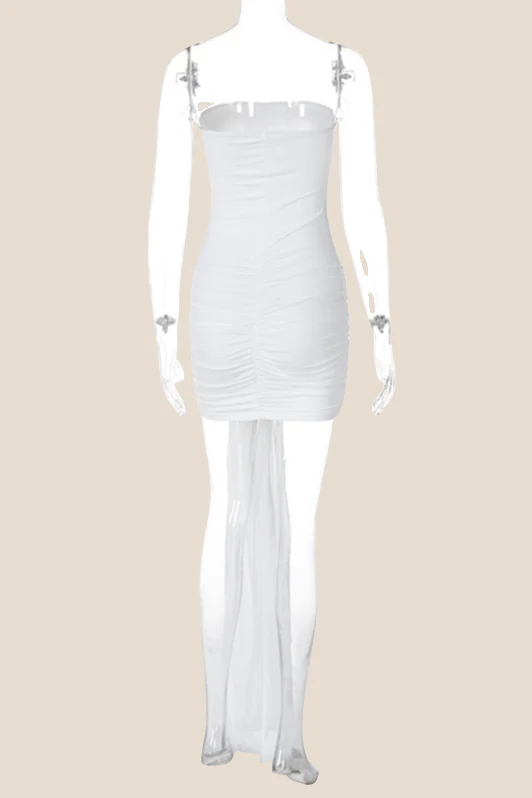 Strapless White Ruched Short Dress with Ribbon