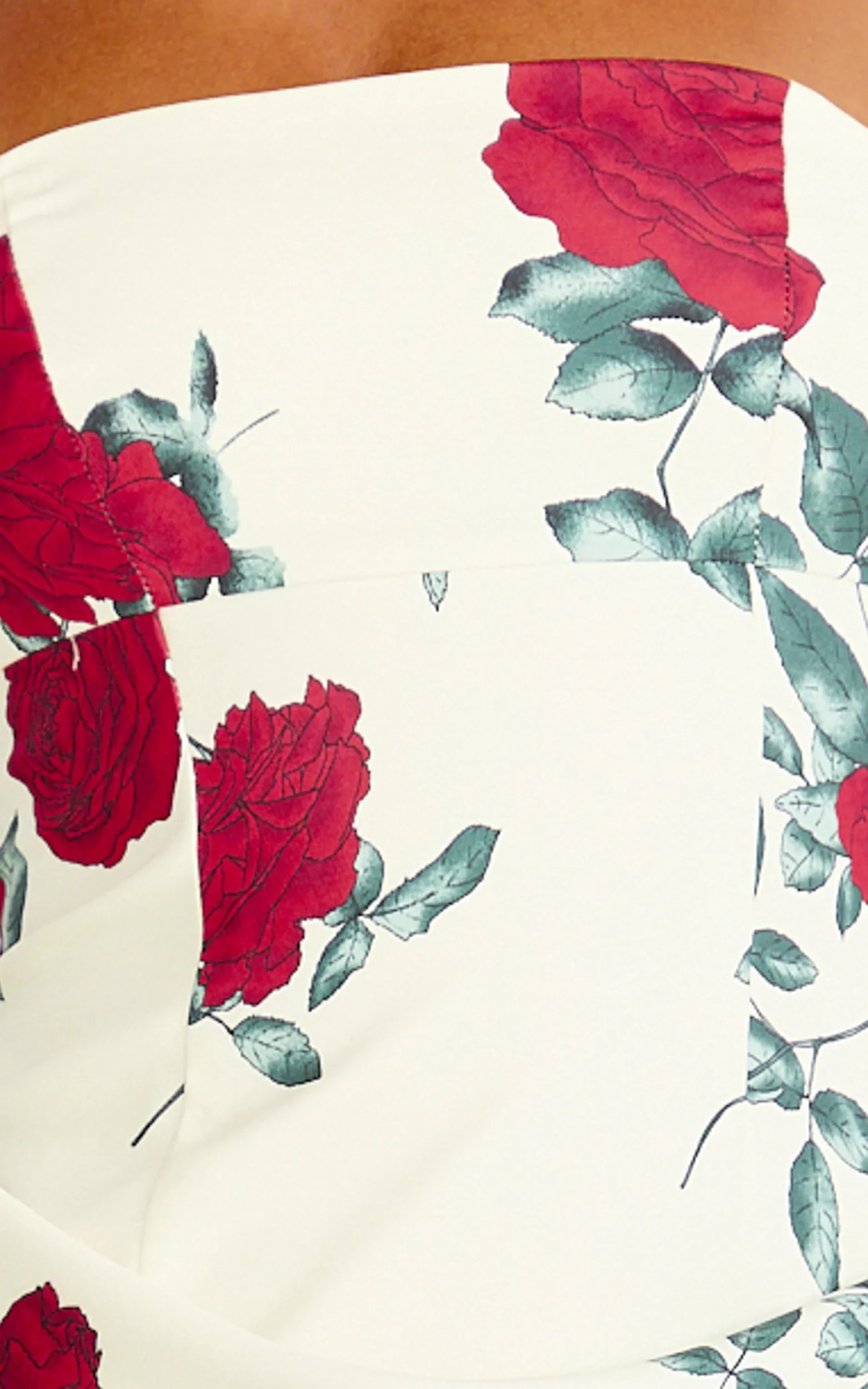 Dahlia Midi Dress - Strapless Draped Cowl Waist Fitted Dress in Scarlet Rose Print