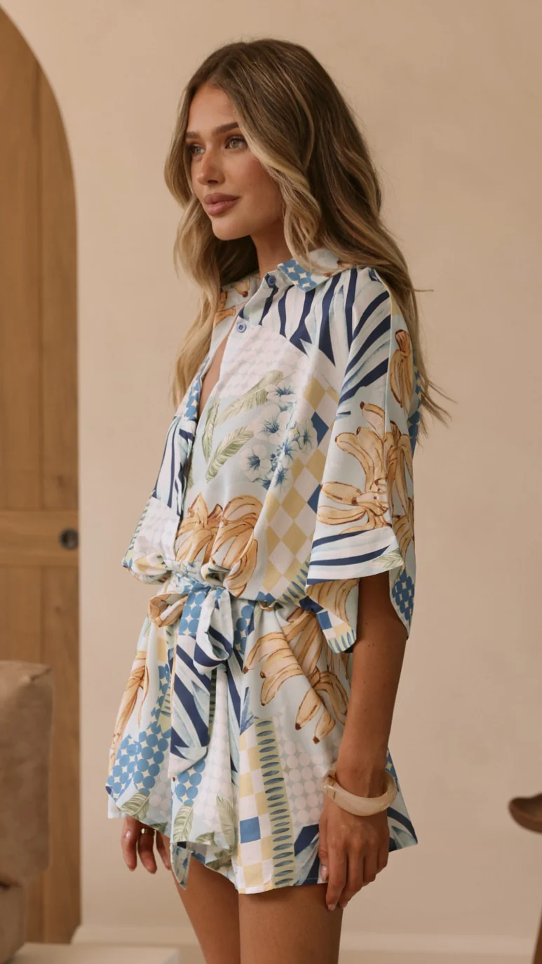 Farrah Playsuit - Blue/Yellow Print