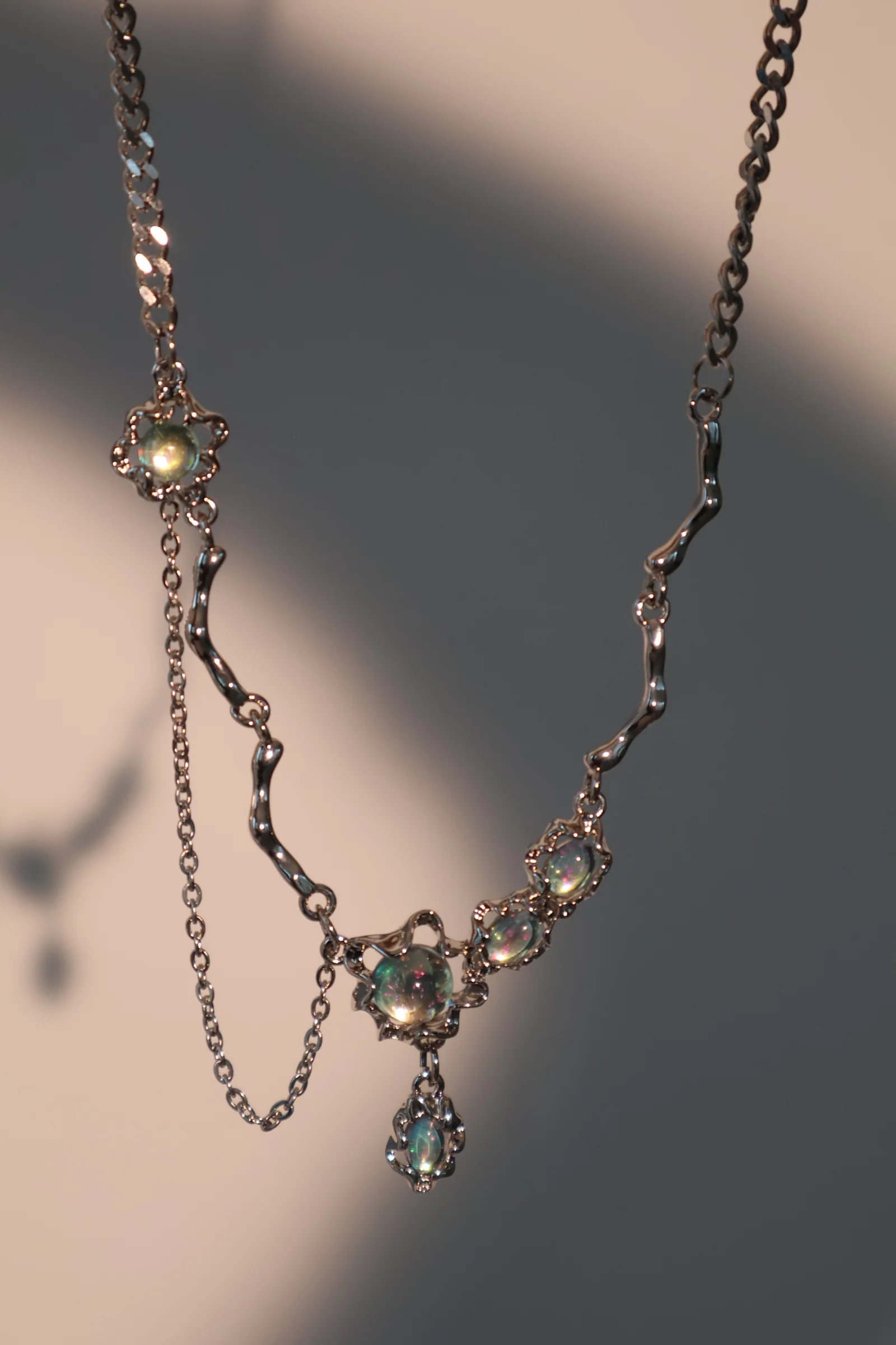 Palladium White Gold Plated Opal Dangle Necklace