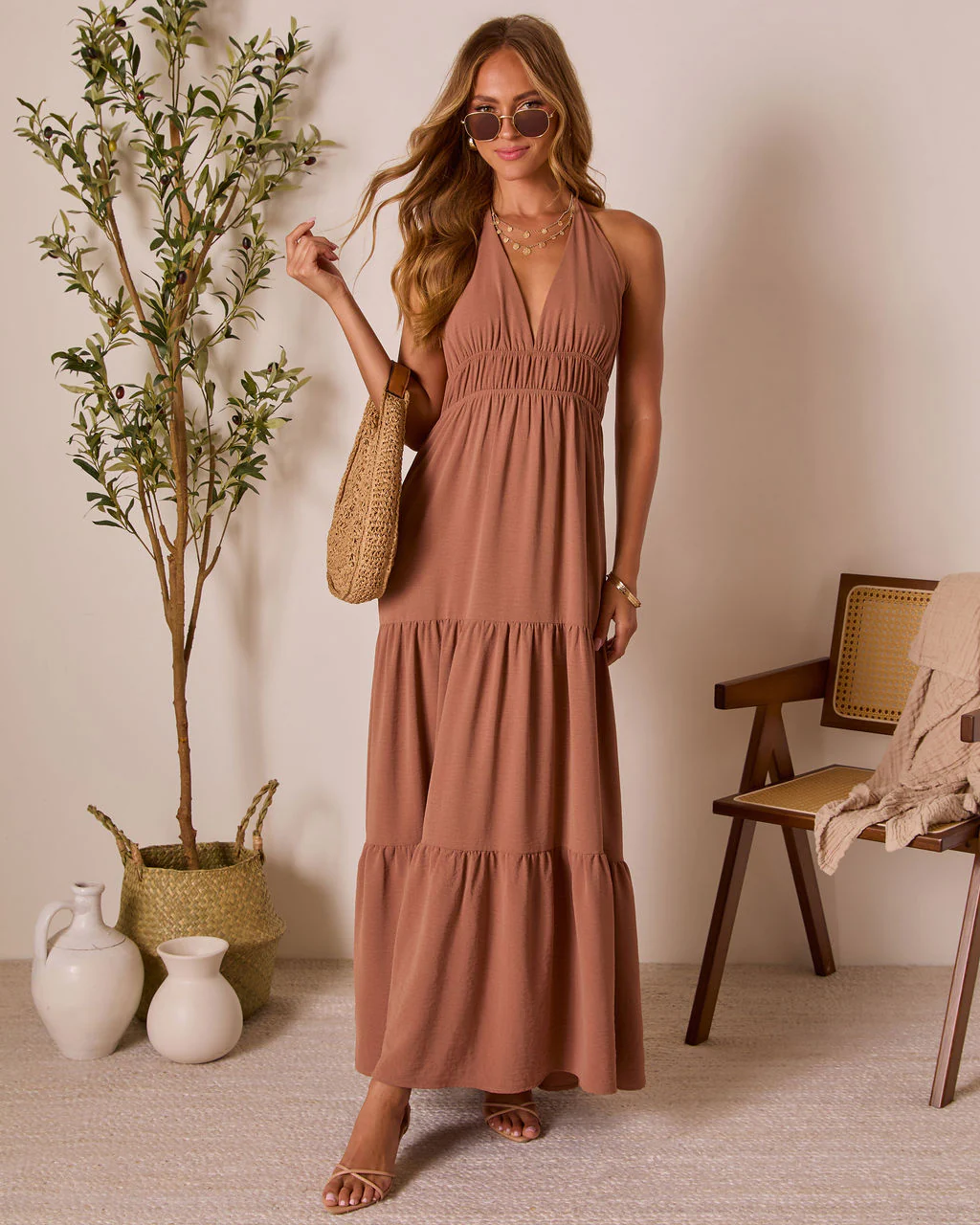 Seaflower Tiered Halter Neck Maxi Dress