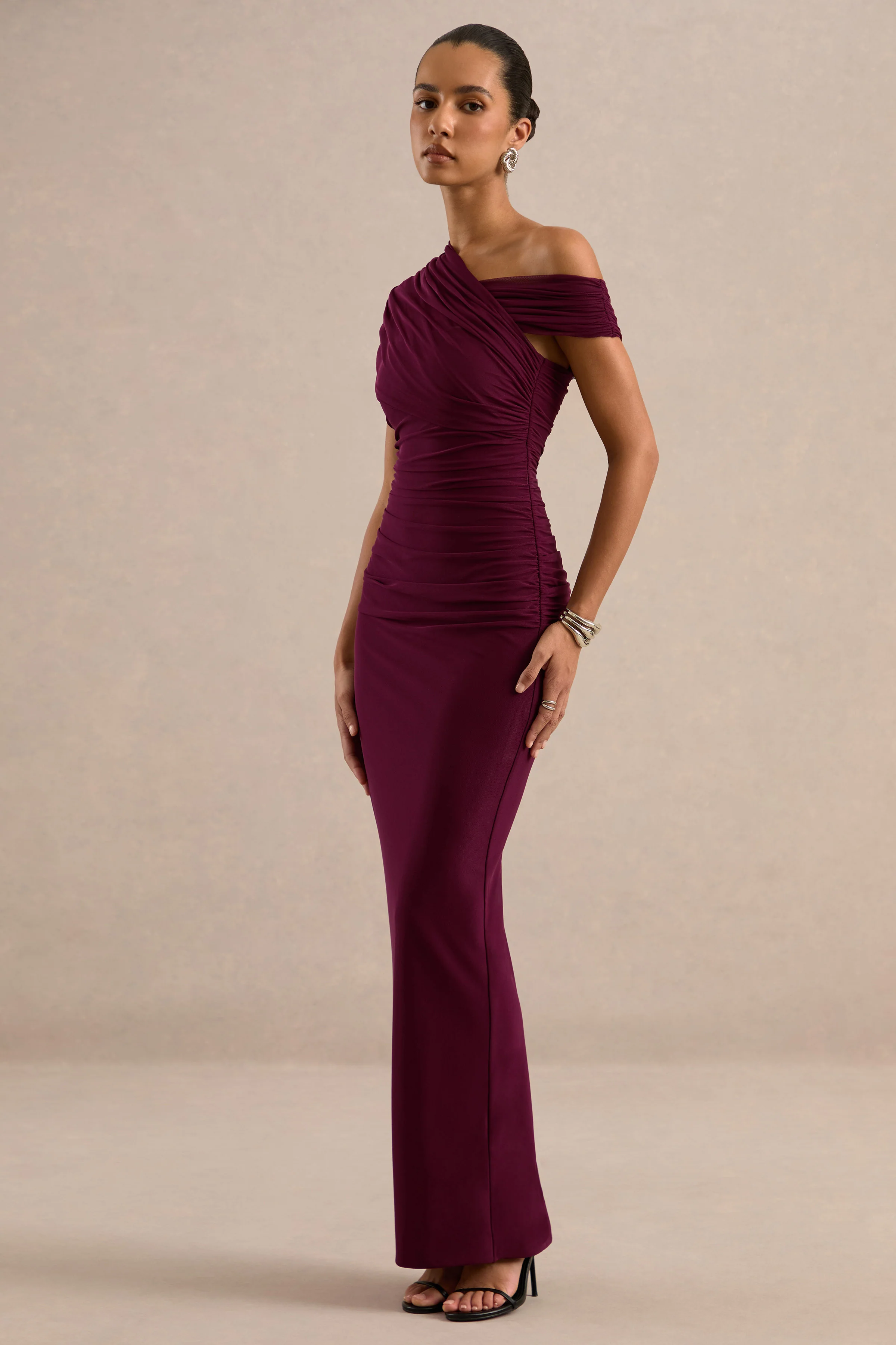Crescentia | Burgundy Jersey One Shoulder Short Sleeve Maxi Dress With Ruching
