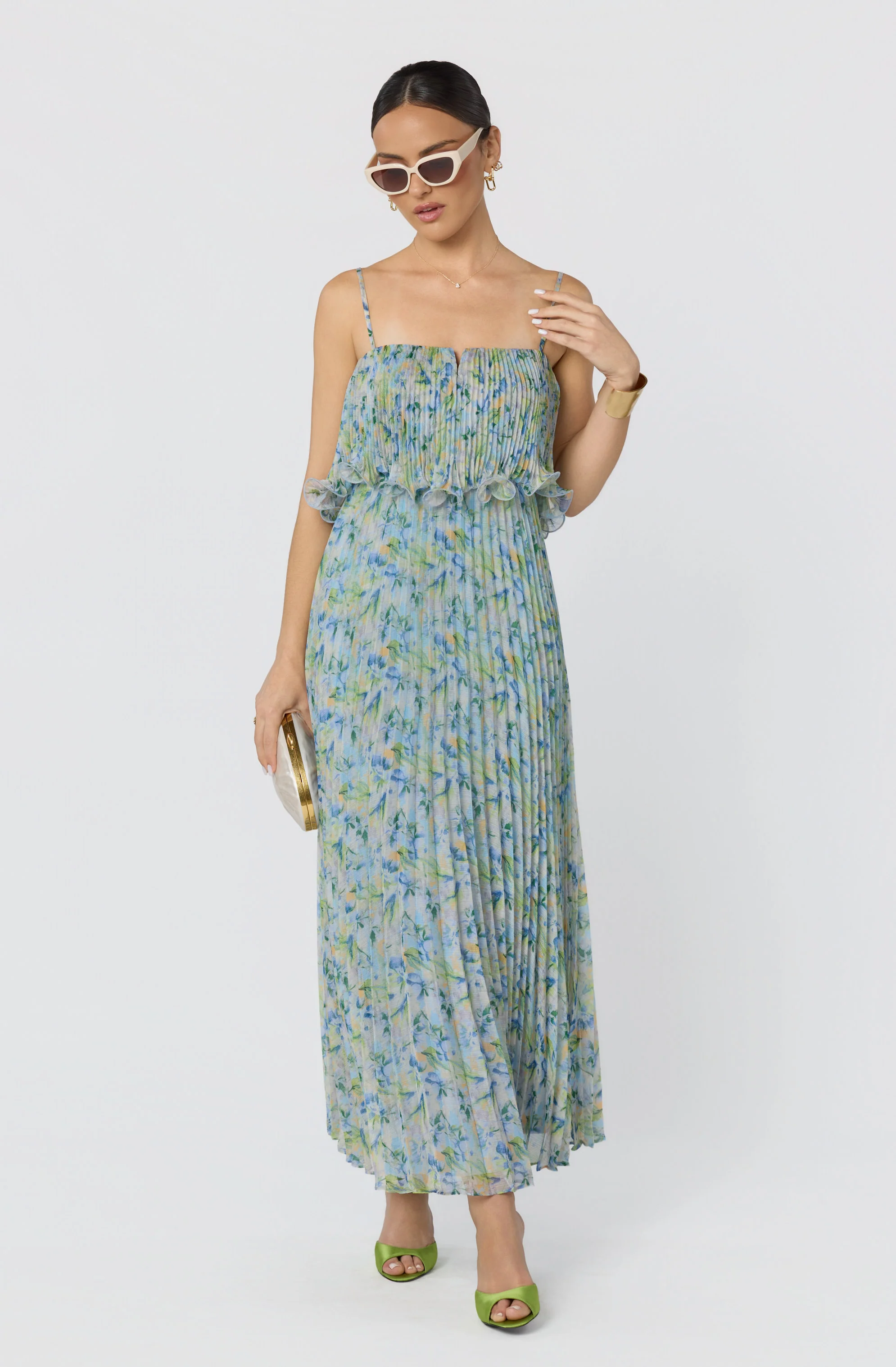 Makennah Plissé Floral Maxi Dress
