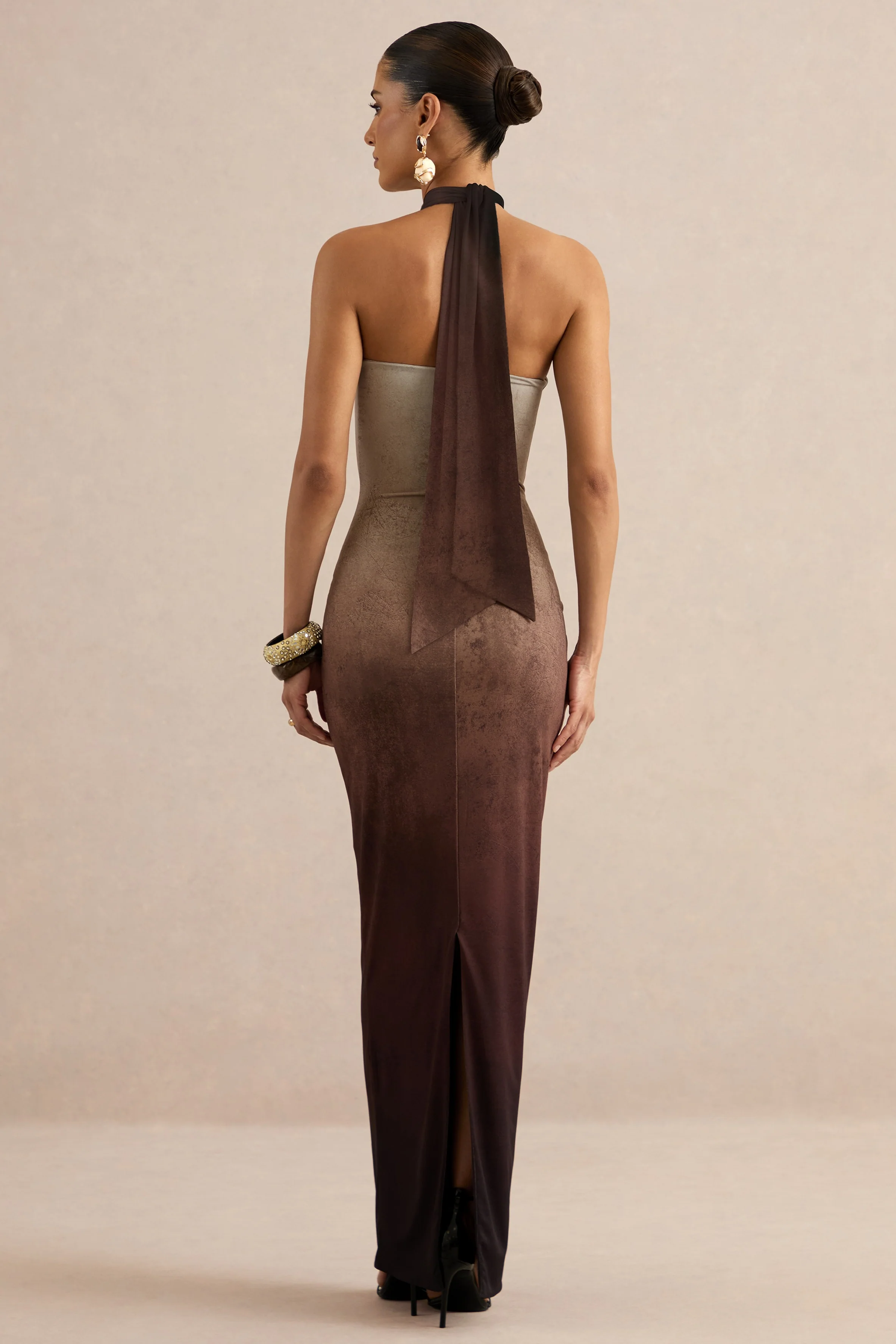 Thera | Brown Ombre Print Jersey Halter Maxi Dress With Gold Trim Detailing And Back Split