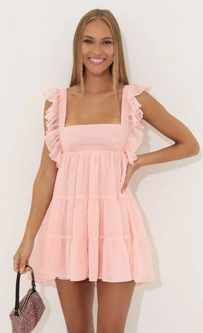Chiffon Baby Doll Ruffle Dress in Pink