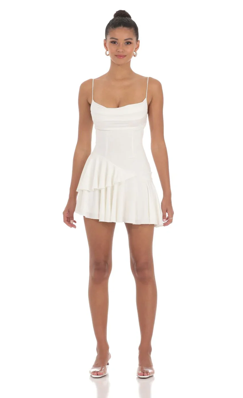 Cowl Neck Asymmetrical Ruffle Dress in White