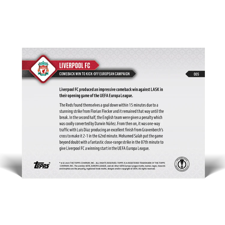 Topps UK - Liverpool FC - Comeback win to kick-off European campaign - UEL TOPPS NOW® Card #5