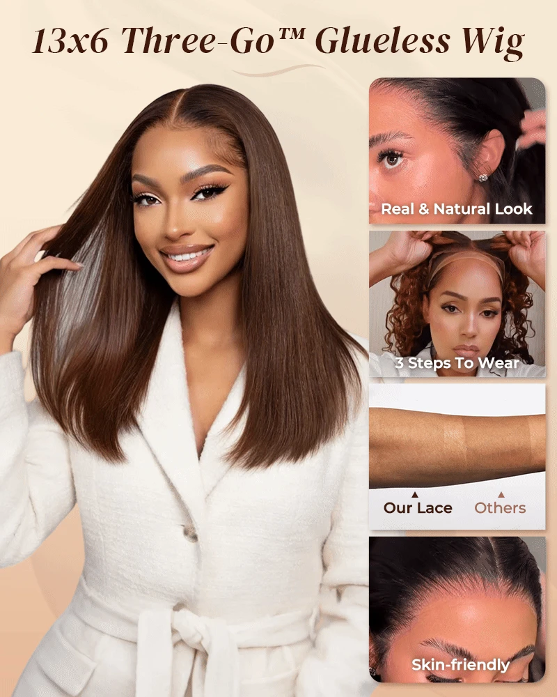 Ophirawig 13x6 Three-Go? 250% Density Chocolate Brown Glueless Wig Straight Bob Wig  With Drawstring