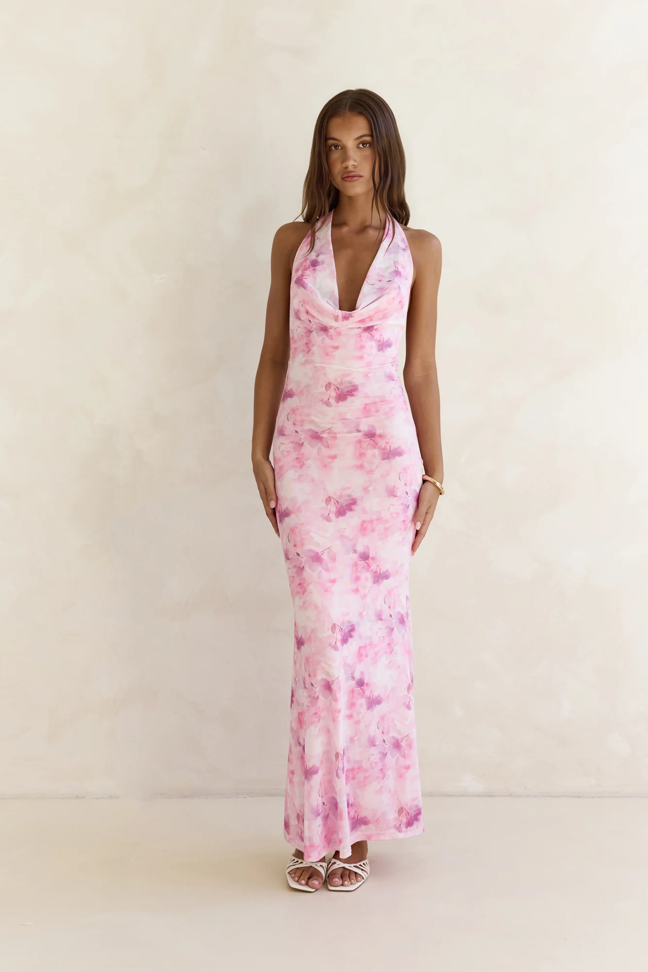 Blooming Loves Mesh Halter Maxi Dress Pink