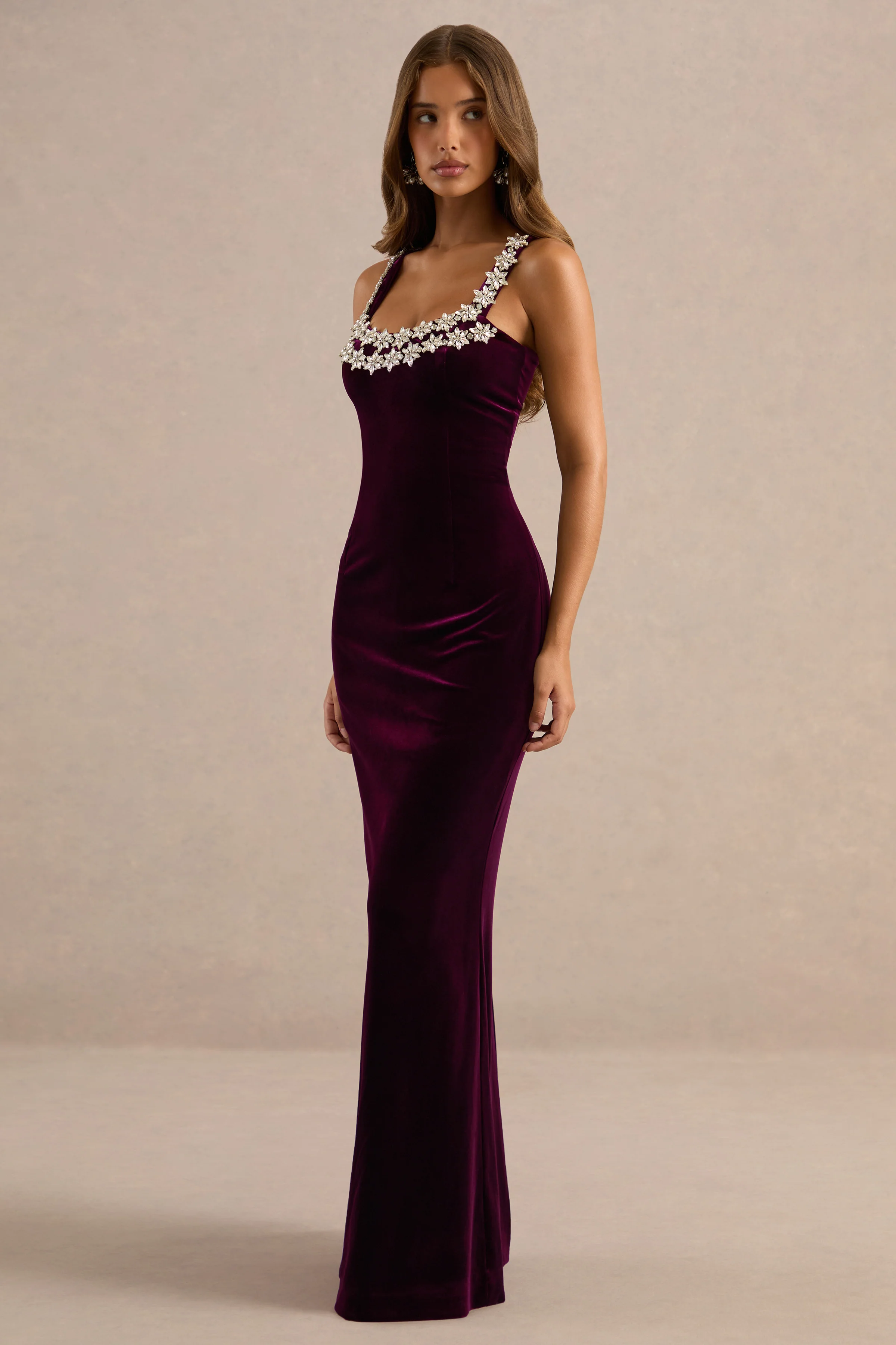 Eilin | Burgundy Velvet Square Neck Maxi Dress With Embellished Detailing And Back Split
