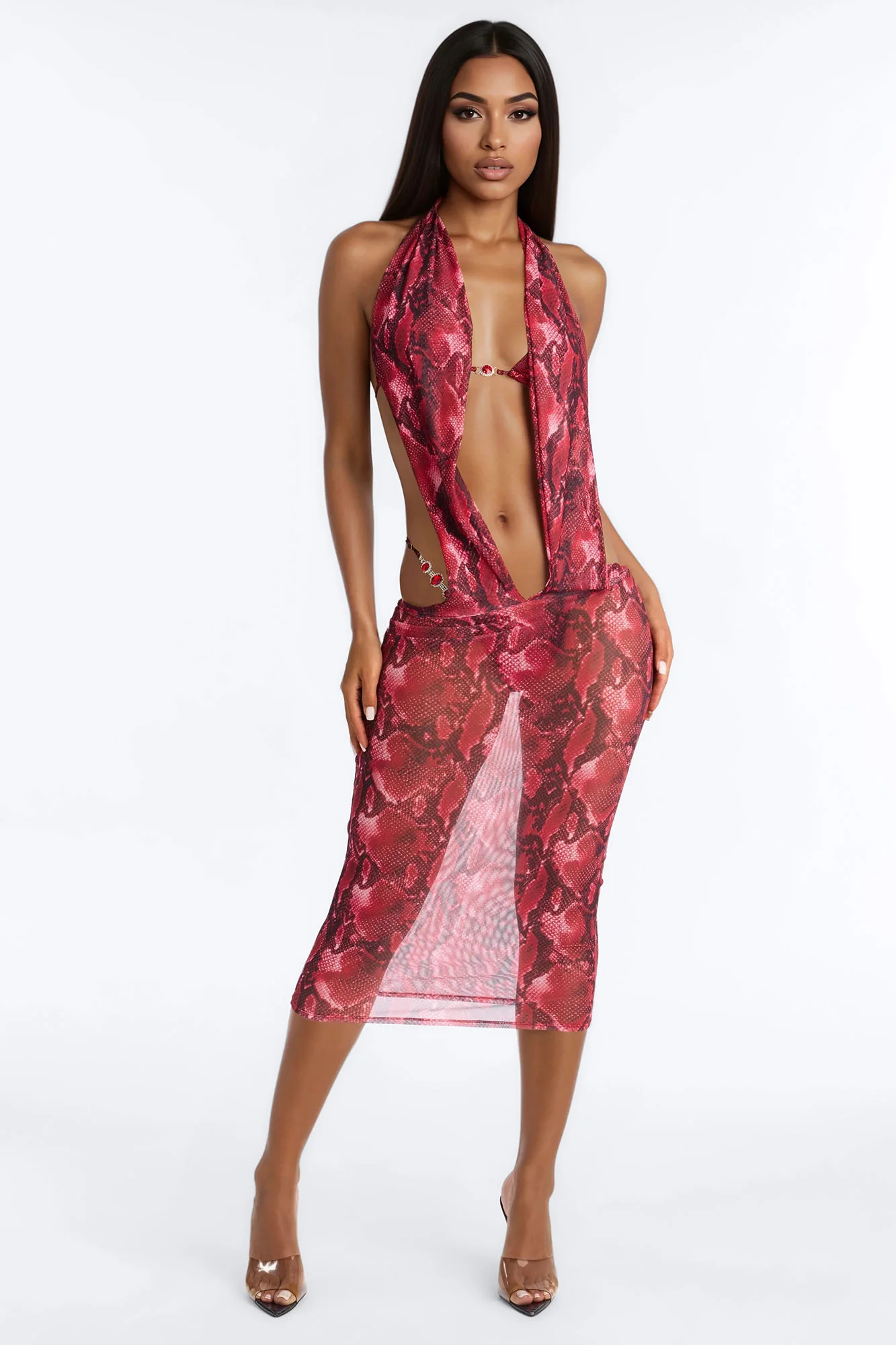 Humid Morning Snake Sheer Halter Deep V-Neck Swim Cover Up Midi Dress - Red/Black