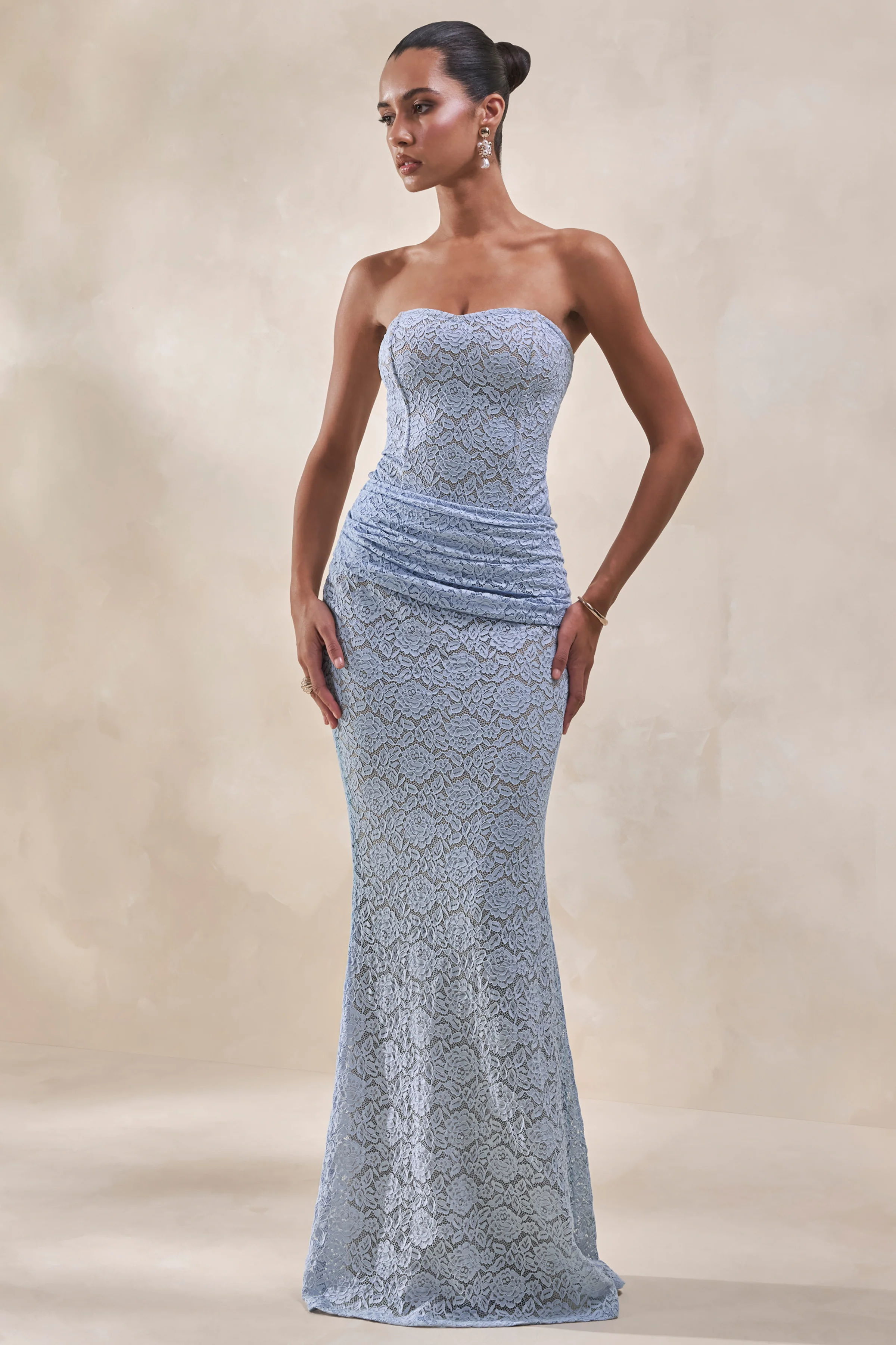 Viara | Powder Blue Lace Maxi Skirt With Draped-Detailing