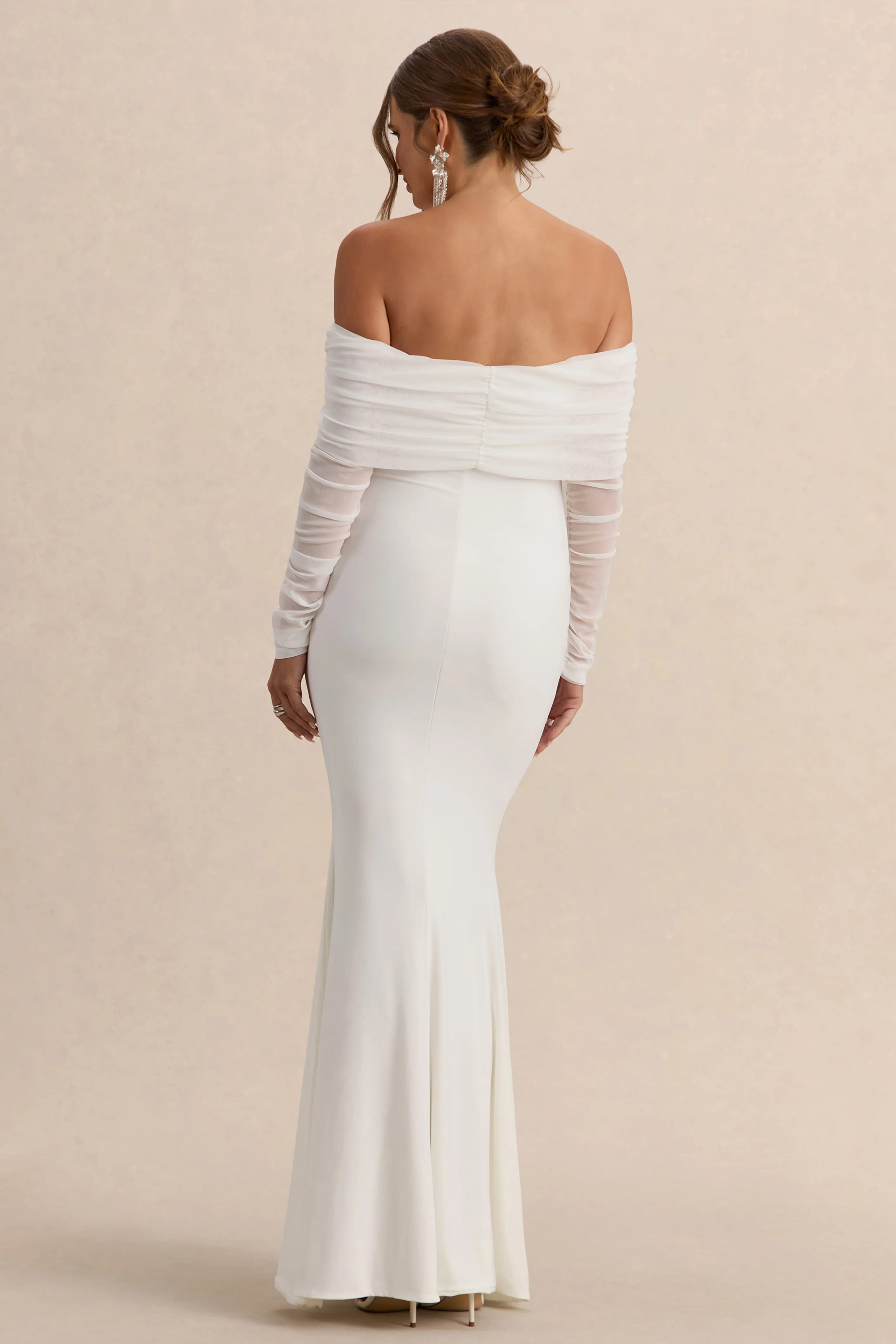 Pretty Perfect | White Maternity Ruched Mesh Bardot Maxi Dress