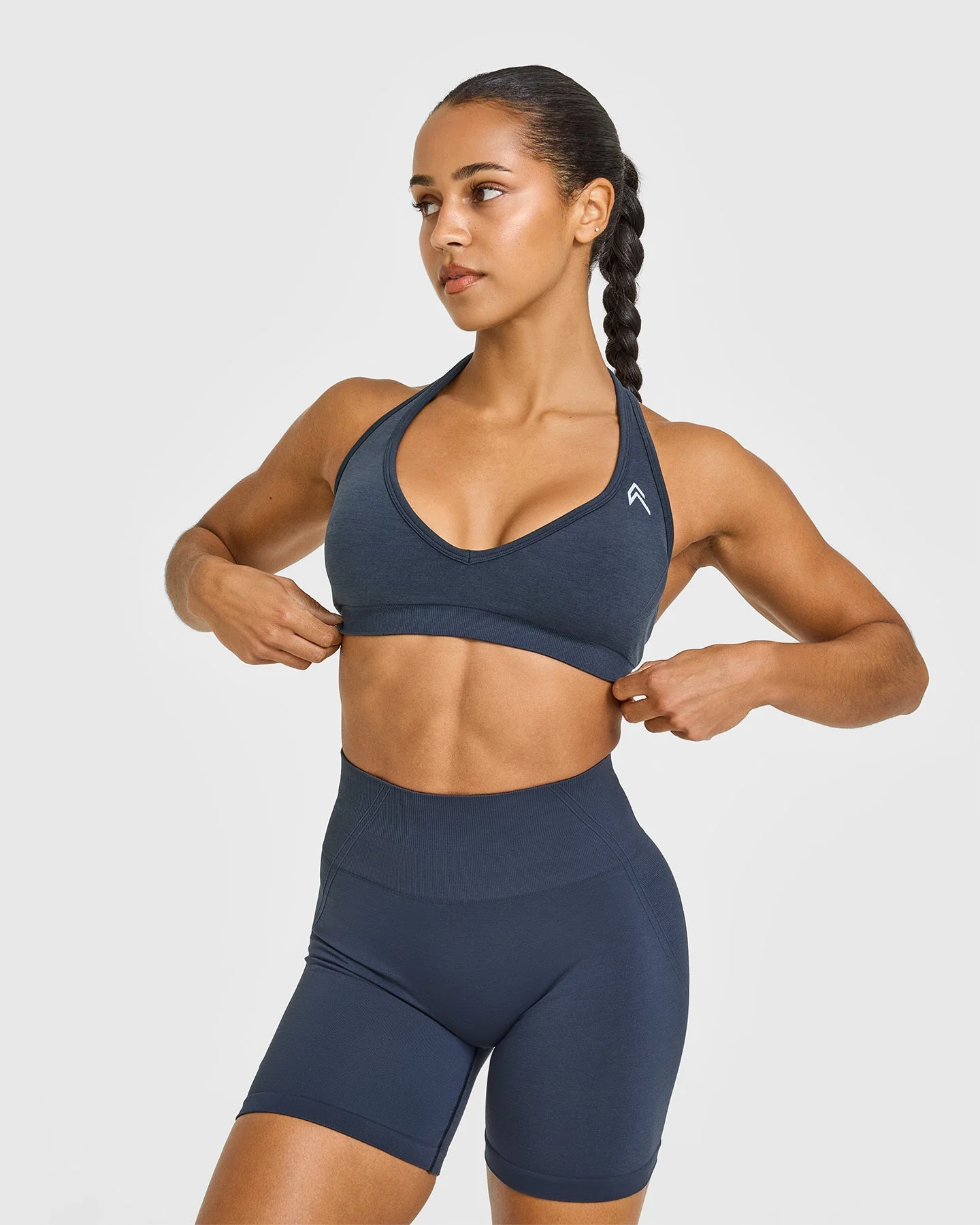 EffortlessLift™ Seamless Halter Neck Sports Bra with White Logo | True Blue