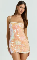 Wilfreda Mini Dress - Sequin Square Neck Bodycon Dress in Peach