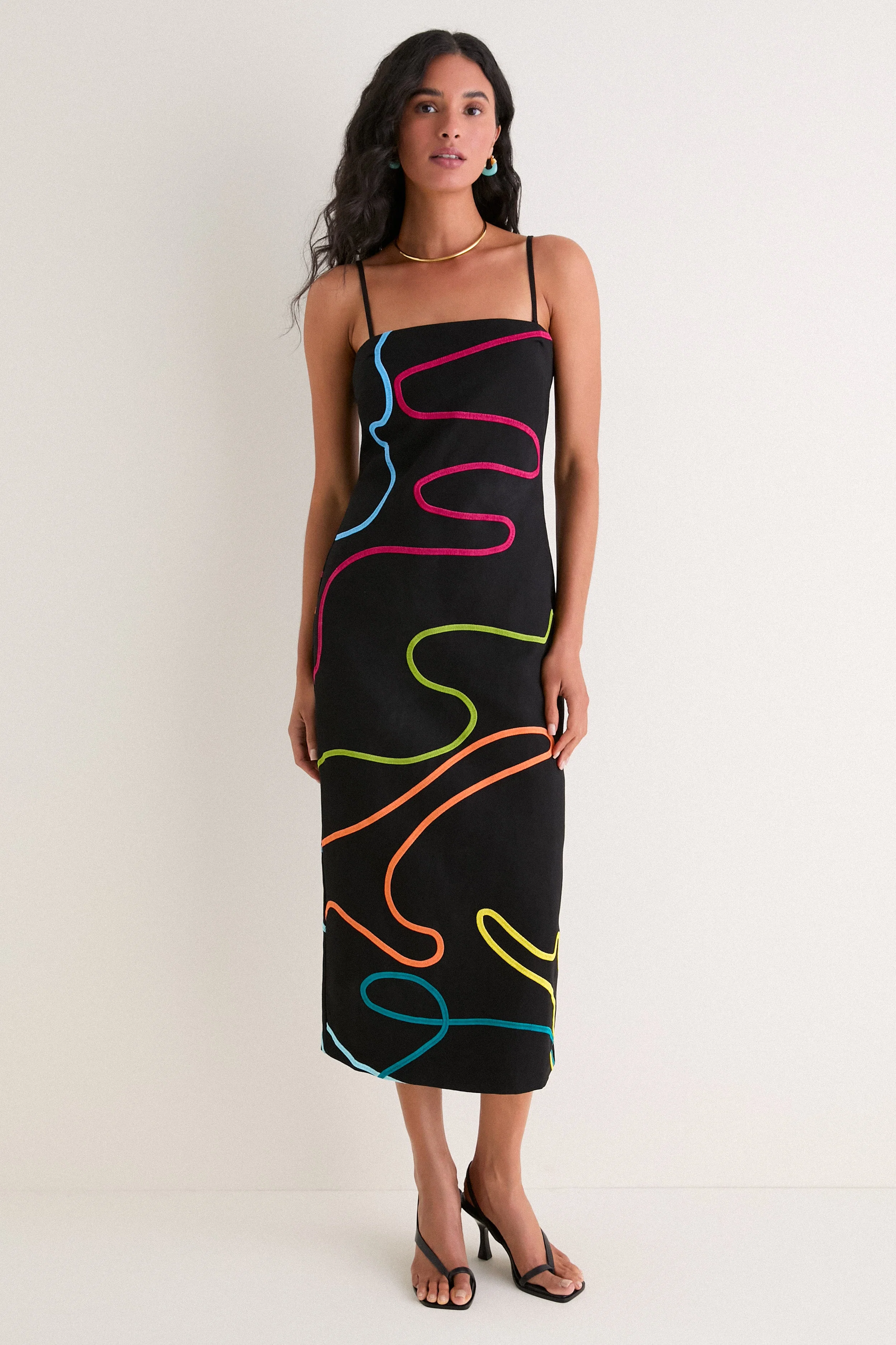 Black Linen & Technicolor Soutache Electra Maxi Dress