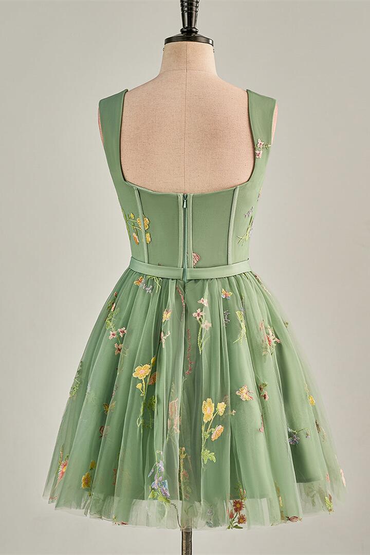 Cap Sleeves Green Floral Short Dress