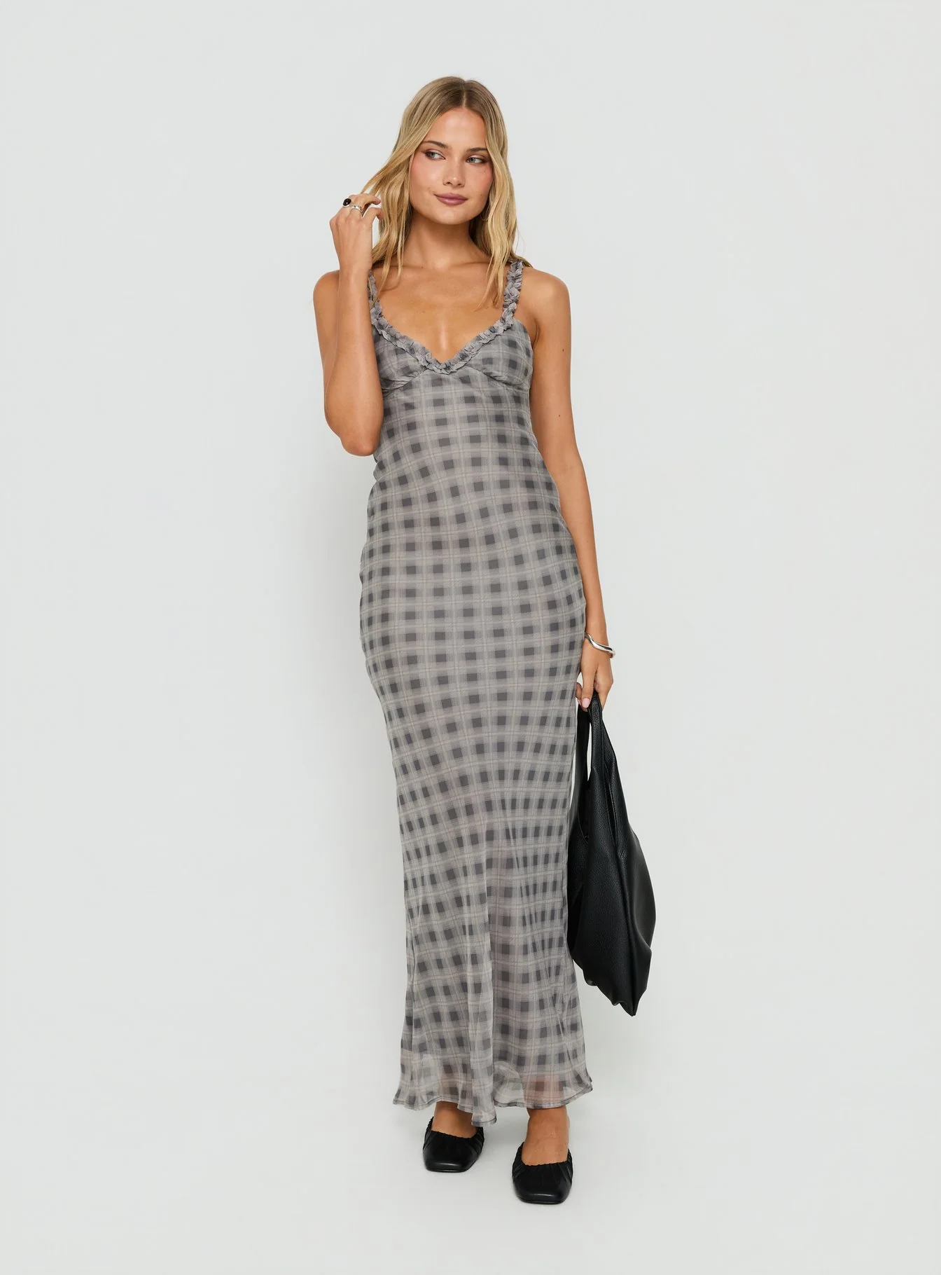 Baley Bias Cut Frill Maxi Dress Grey / White Check