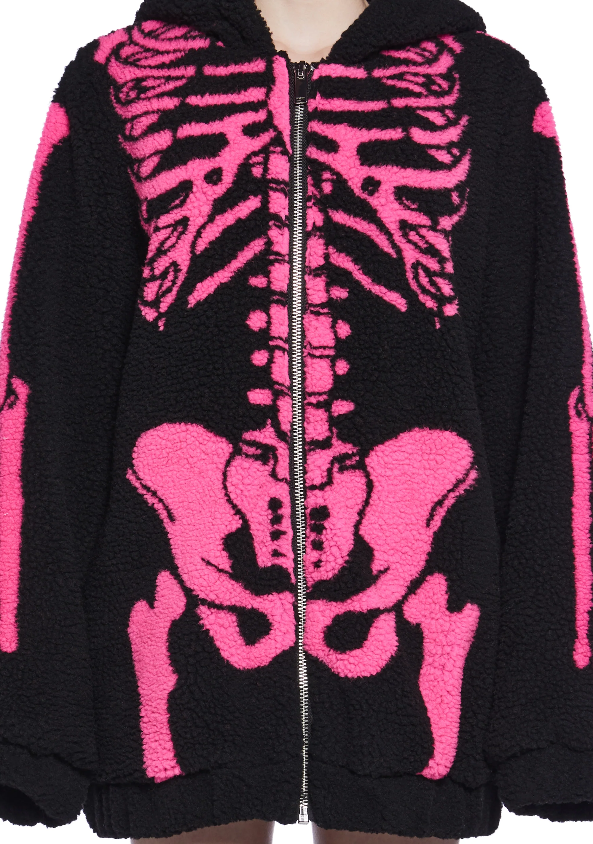 Baring It All Skeleton Hooded Sherpa Jacket - Pink