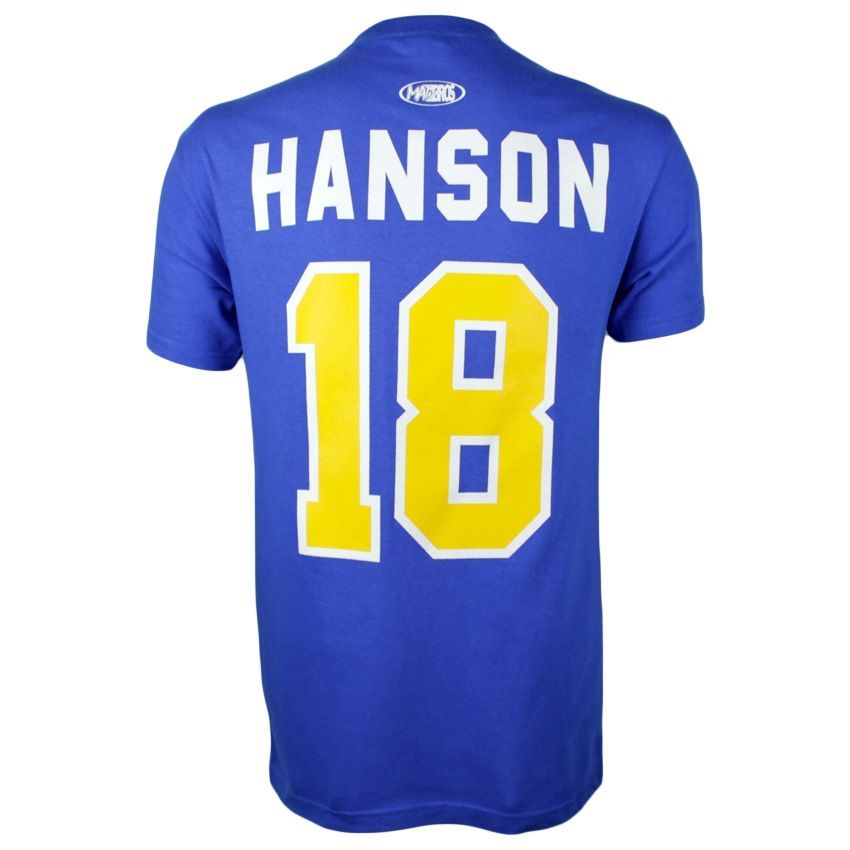 Slapshot Charlestown Chiefs Jeff Hanson #18 Hockey T-Shirt Blue
