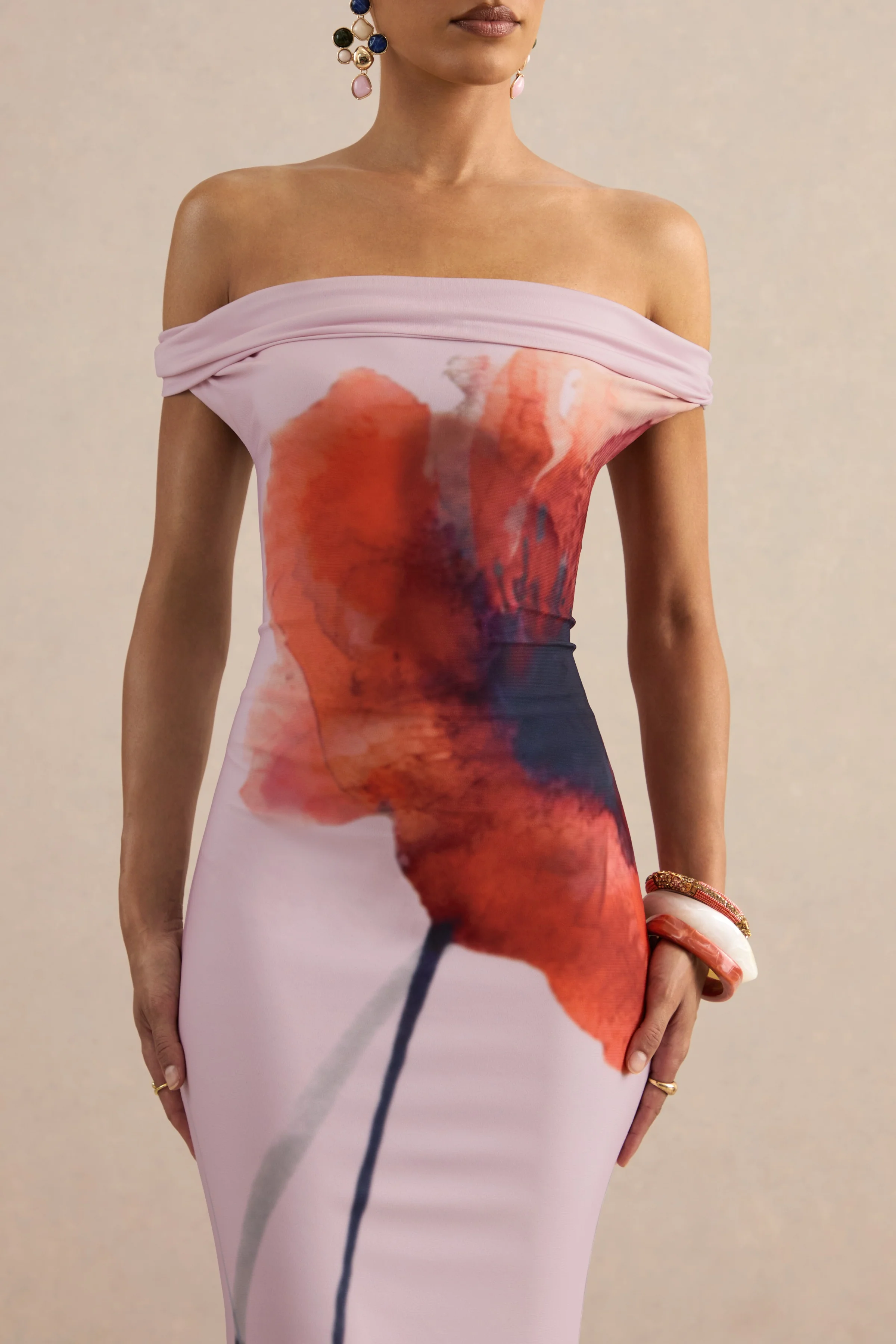 Katia | Pink Poppy Print Bardot-Neck Maxi Dress