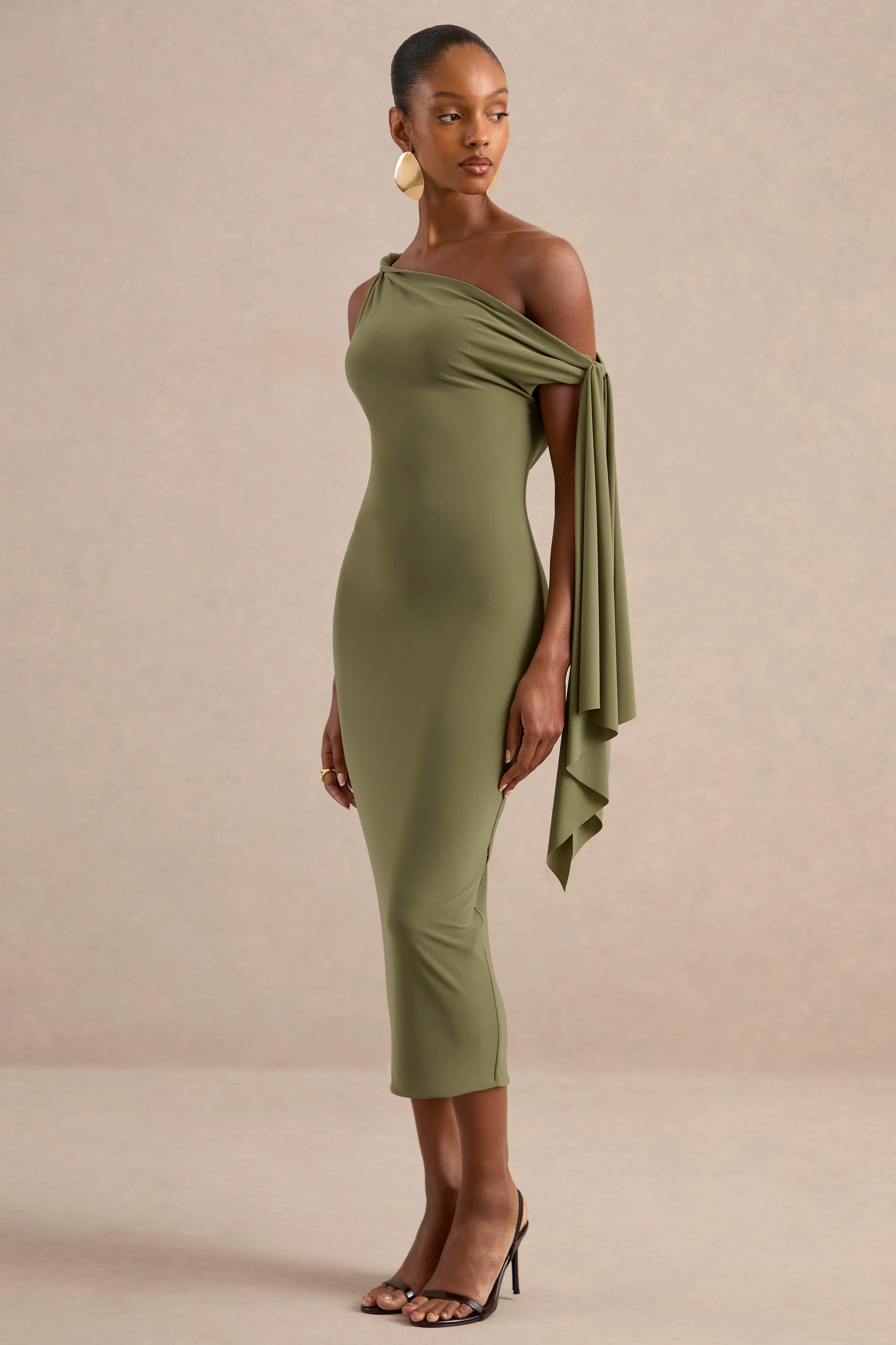 Arcelia | Olive Jersey One Shoulder Midi Dress With Twist And Knot Sash Detailing
