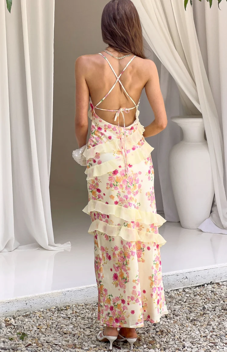 Inara Yellow Bloom Ruffle Maxi Dress