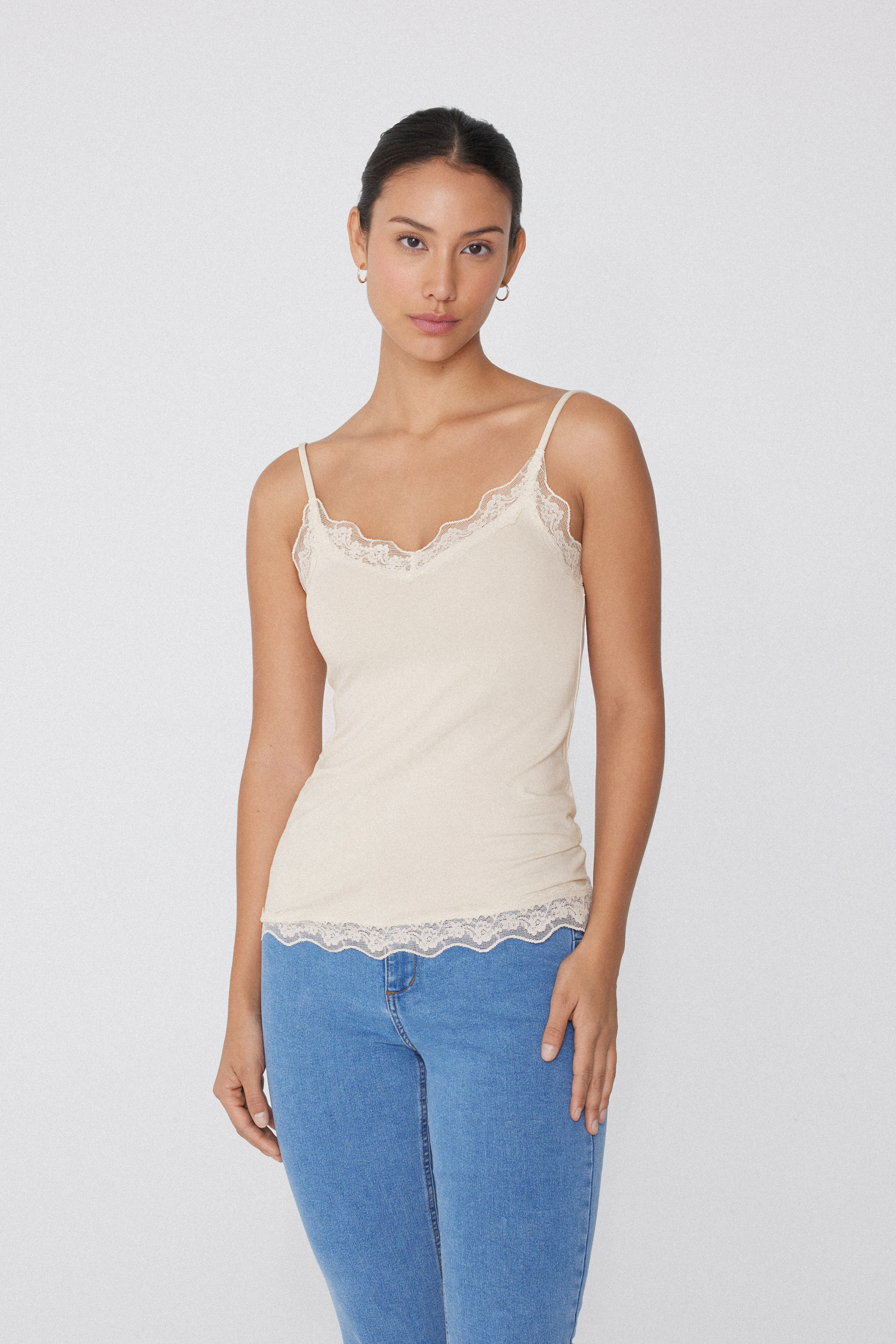Viscose and Lace Camisole with Thin Shoulder Straps and V-Neck